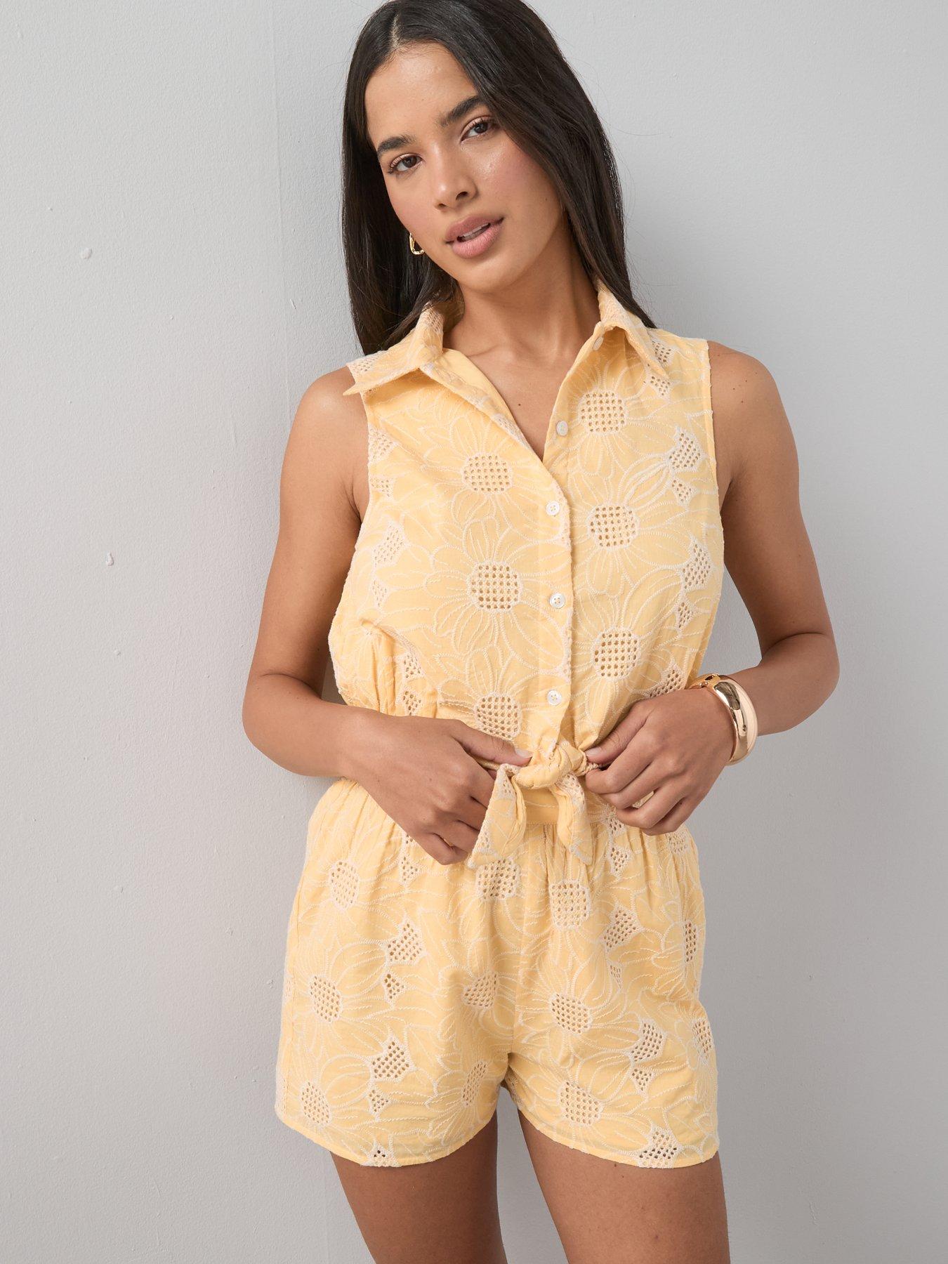 Image 5 of 7 of The Very Collection Broderie Tie Front Playsuit - Yellow