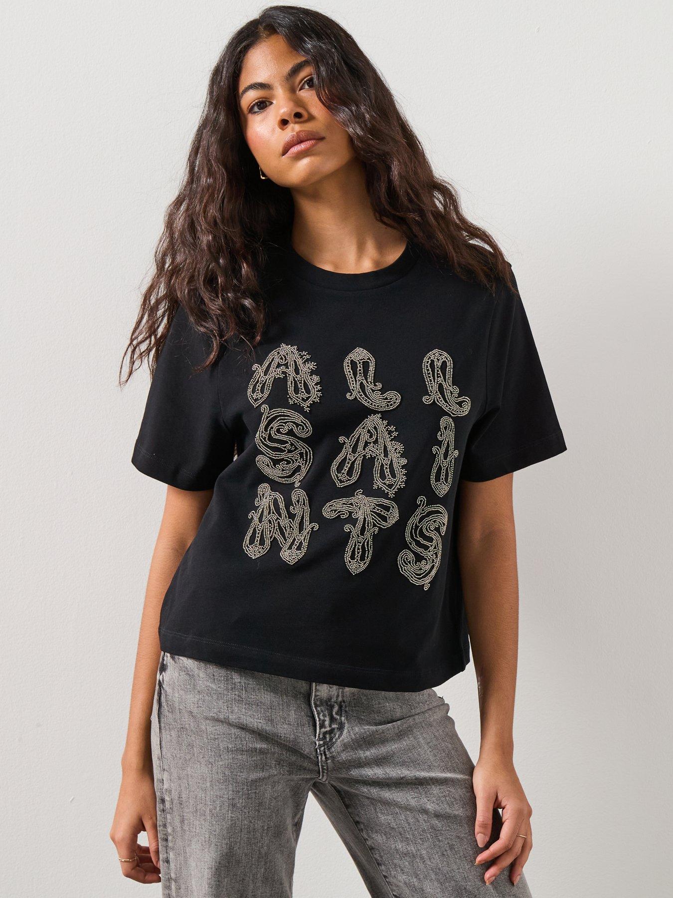 AllSaints Ella Lisa Tee, Black, Size L, Women