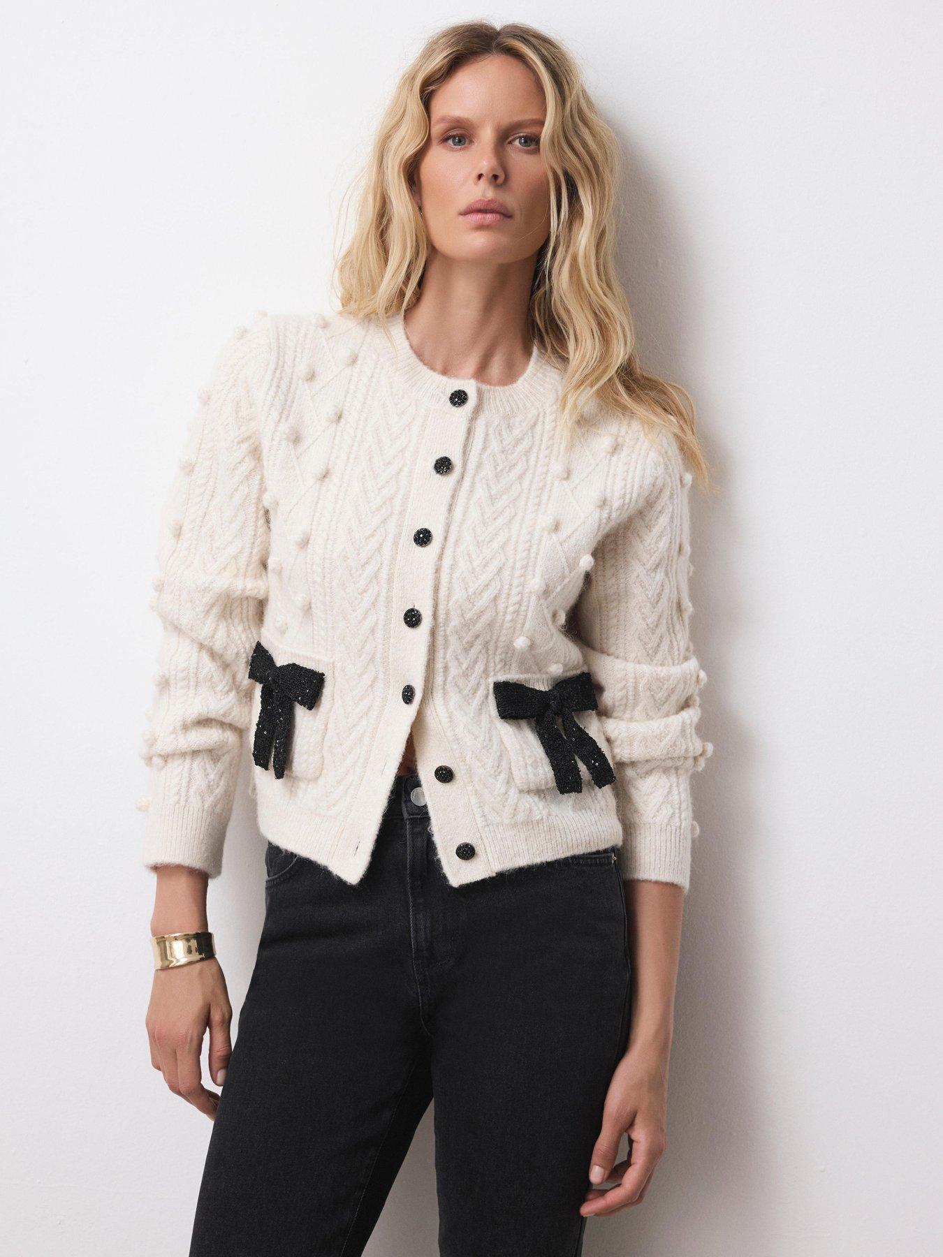 Image 1 of 6 of Mint Velvet Ivory Bobble Bow Cardigan - Cream
