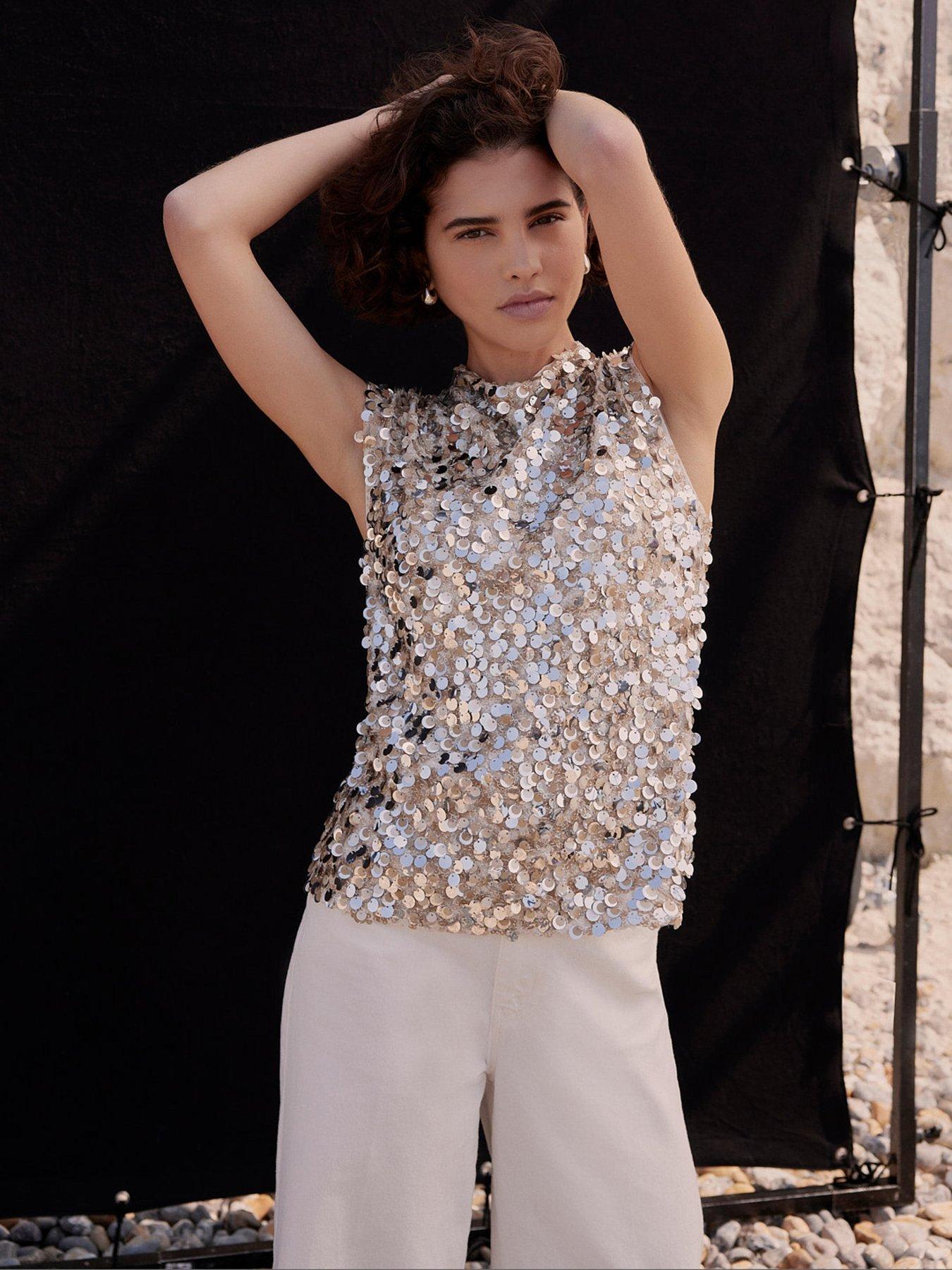 Mint Velvet Silver Sequin High Neck Top - Silver