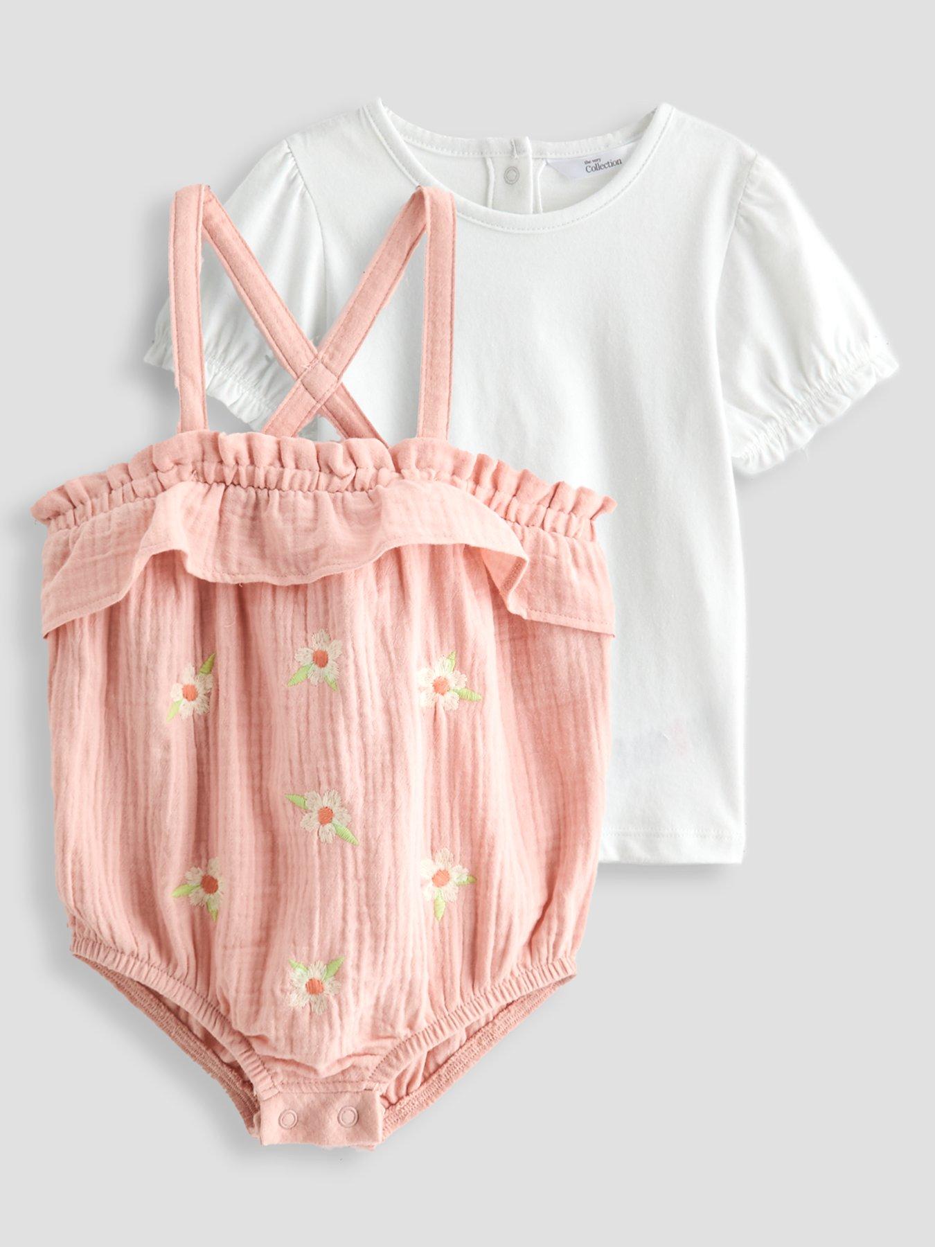 The Very Collection Baby Girl Cheesecloth Romper With Embroidery Set - Pink