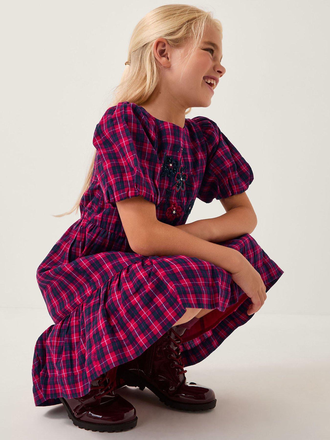 undefined Girls Sequin Embroidered Tartan Dress - Red