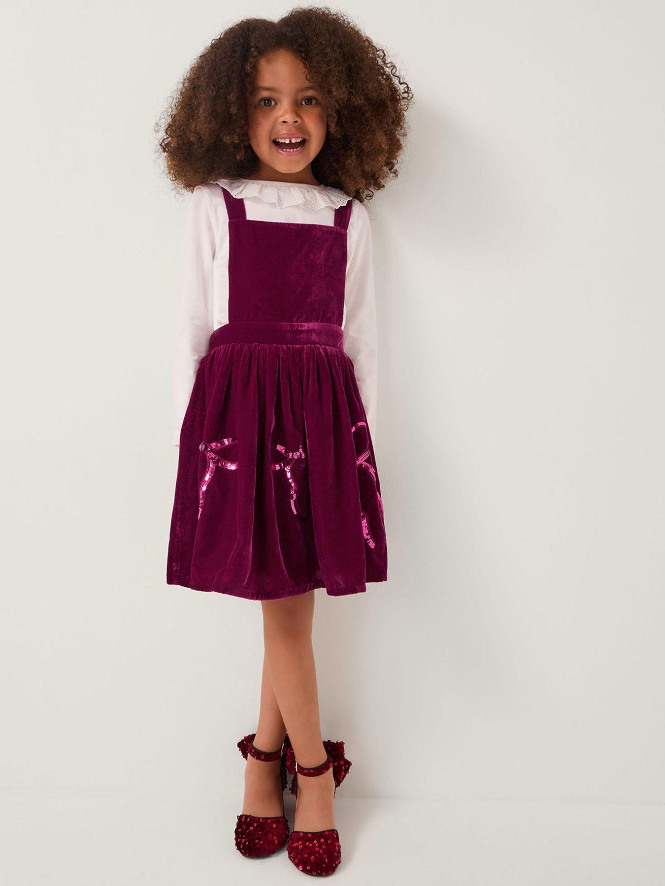 Monsoon Girls Broderie Top & Bow Velvet Pinafore Dress Set - Dark Red