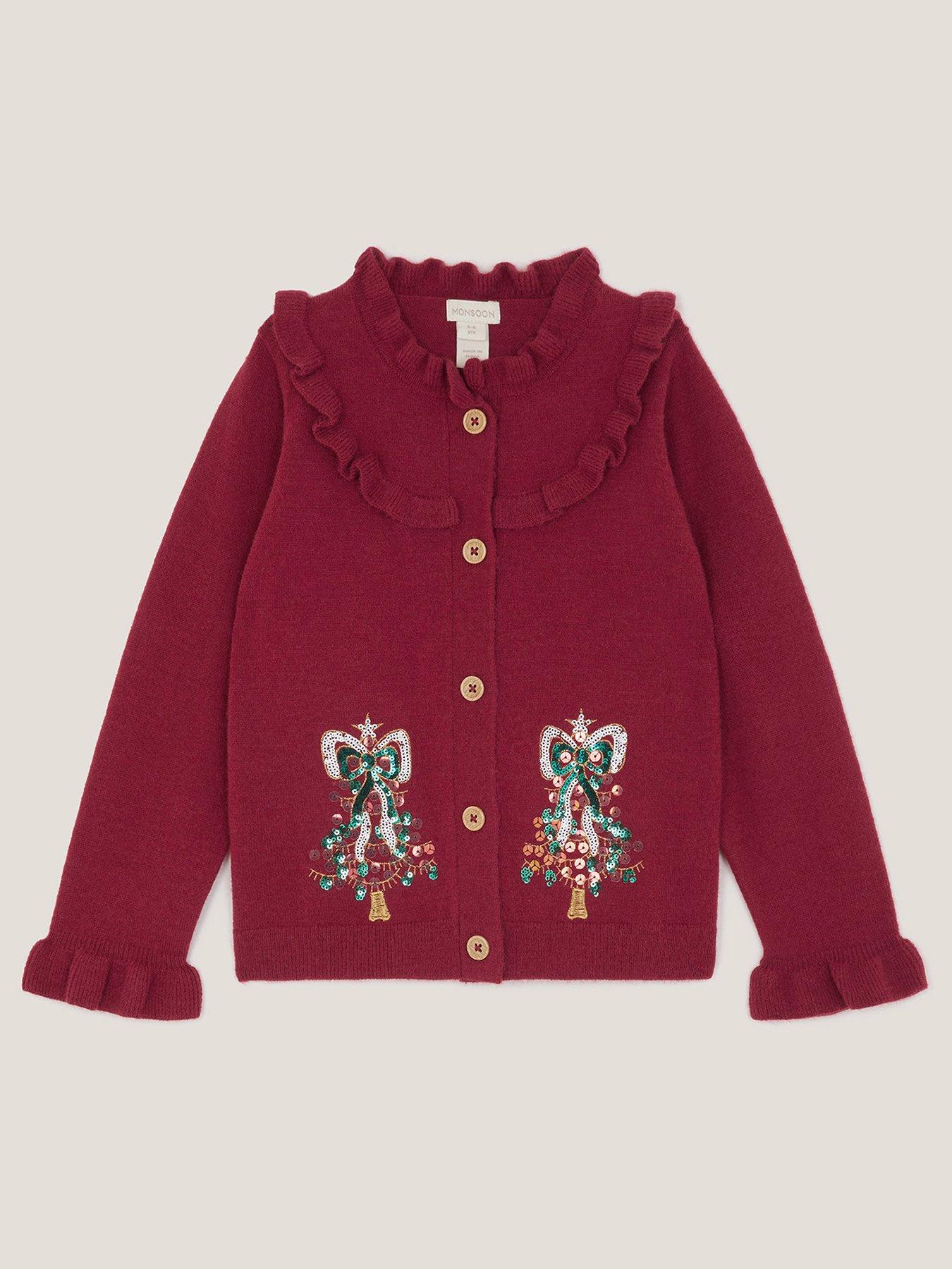 Monsoon Girls Christmas Tree Knitted Cardigan Red Very