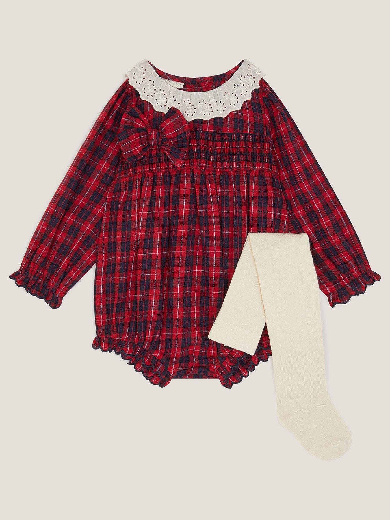 Monsoon Baby Girls Tartan Romper & Tights - Red