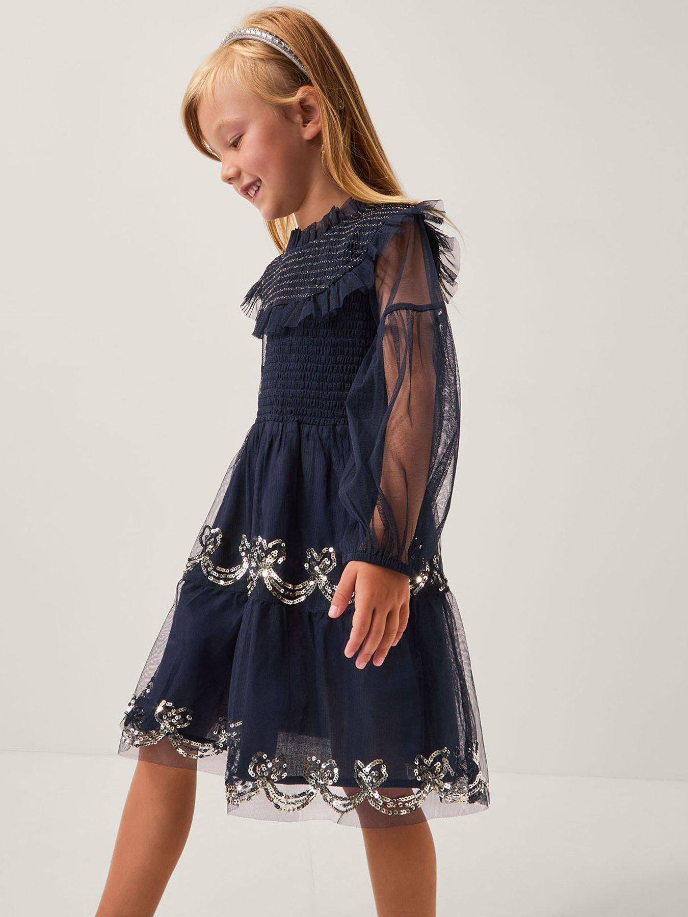 Monsoon Girls Bow Shirred Mesh Dress Navy Very