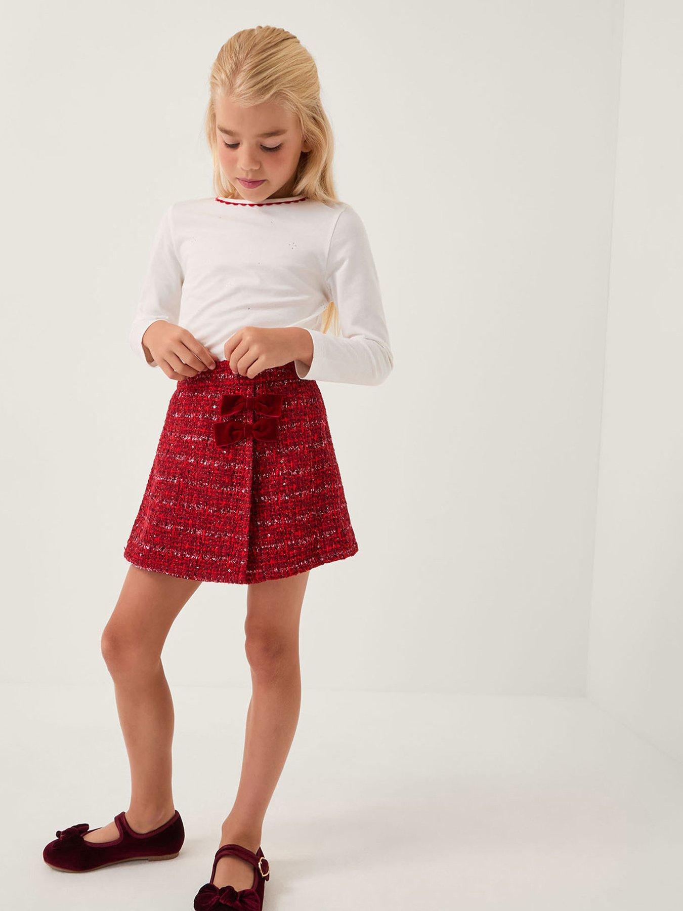 Monsoon Girls Rhinestone Top & Tweed Skort Set - Red