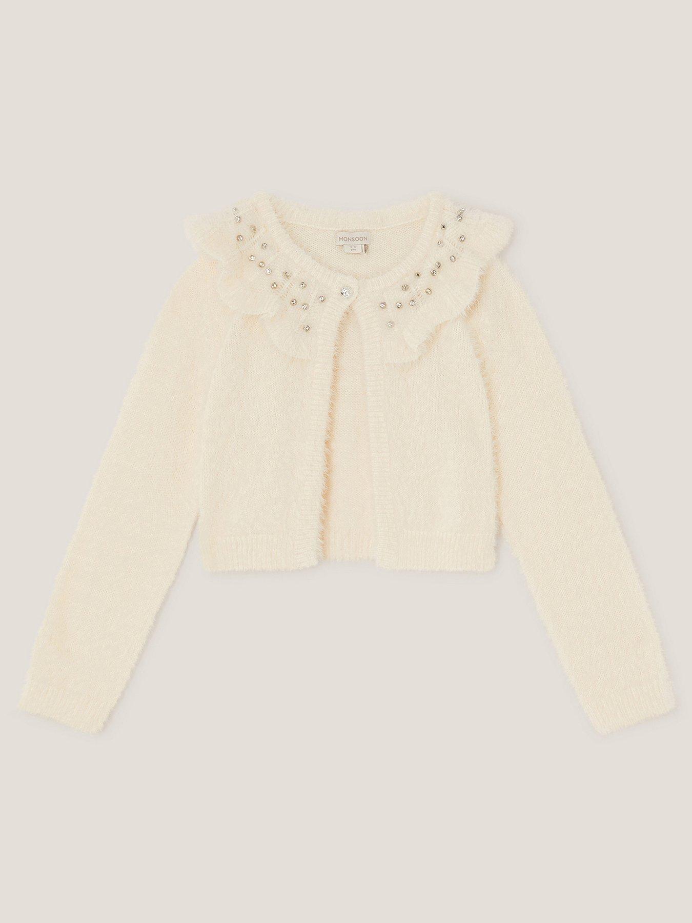 Monsoon Girls Eyelash Embroidered Cardigan Light Cream Very