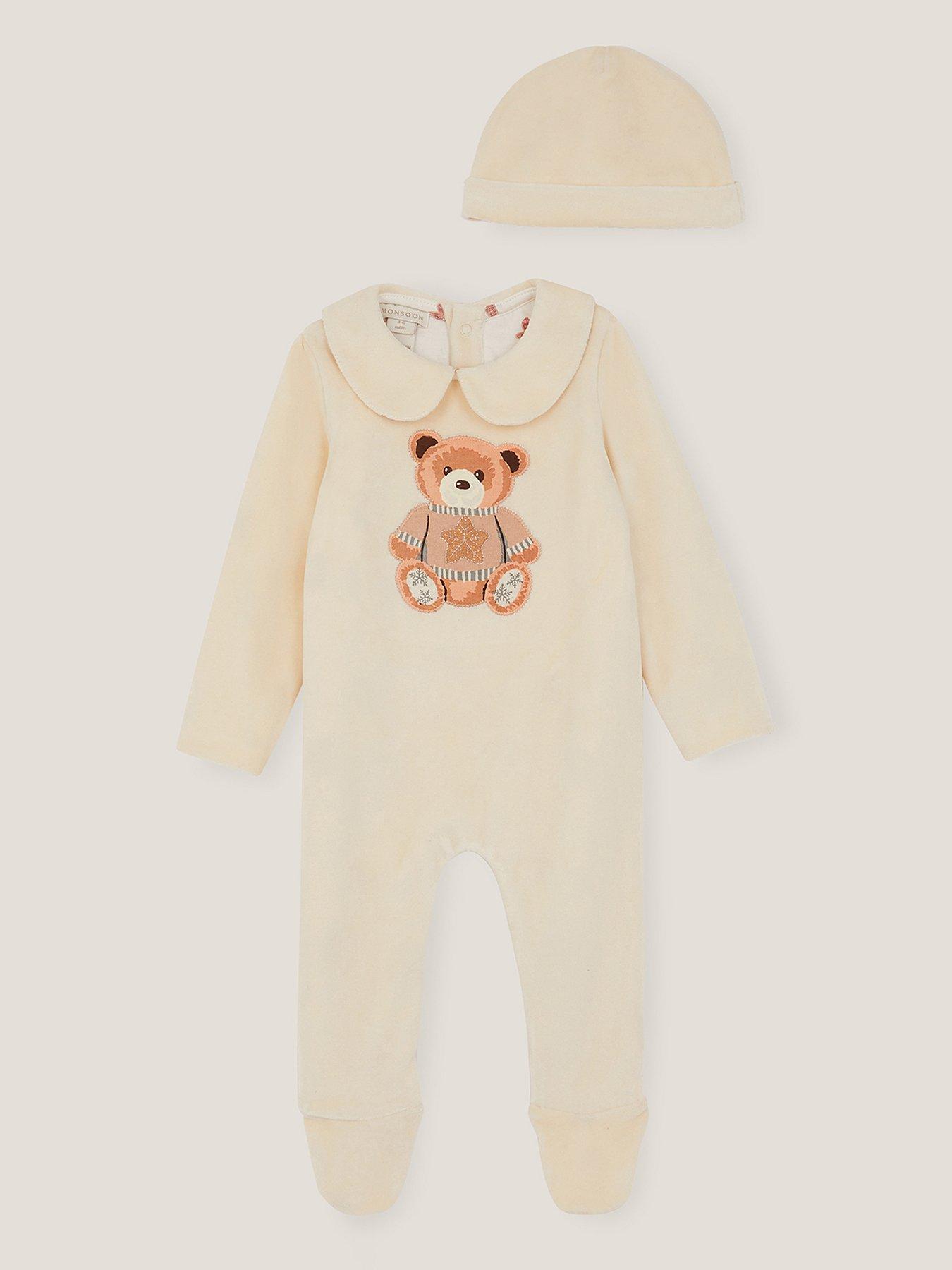 Monsoon Baby Girls Christmas Bear Sleepsuit  &  Hat - Light Cream