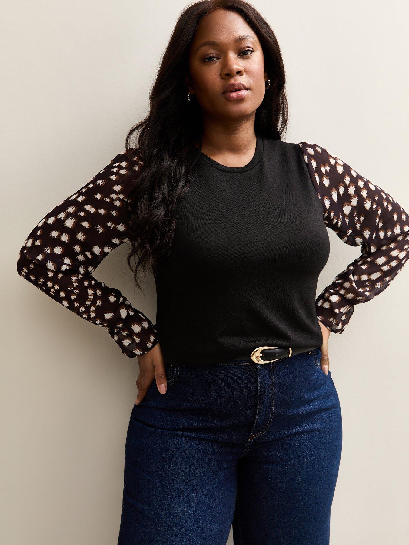 New Look Curves Black Soft Touch Printed Long Sleeve Top