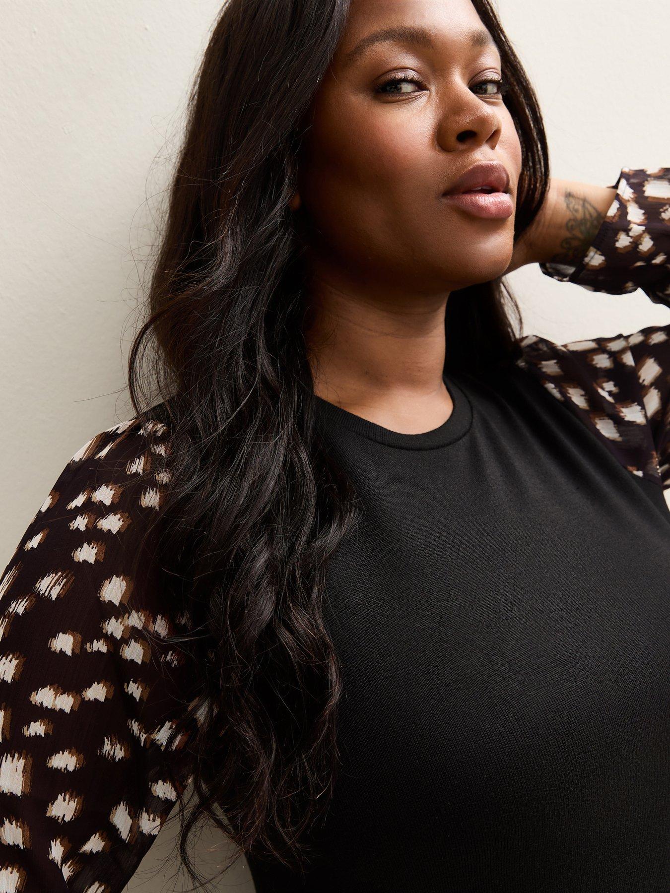 Image 4 of 5 of New Look Curves Black Soft Touch Printed Long Sleeve Top