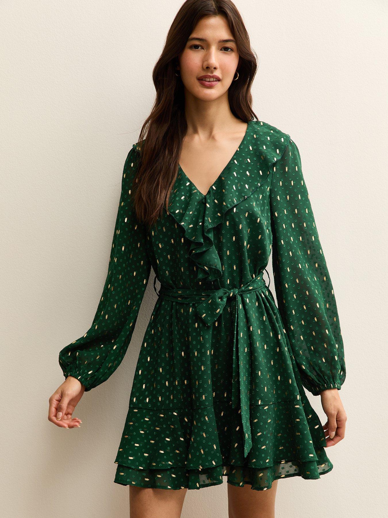 New Look Spot Chiffon Ruffle Mini Dress - Green | Very