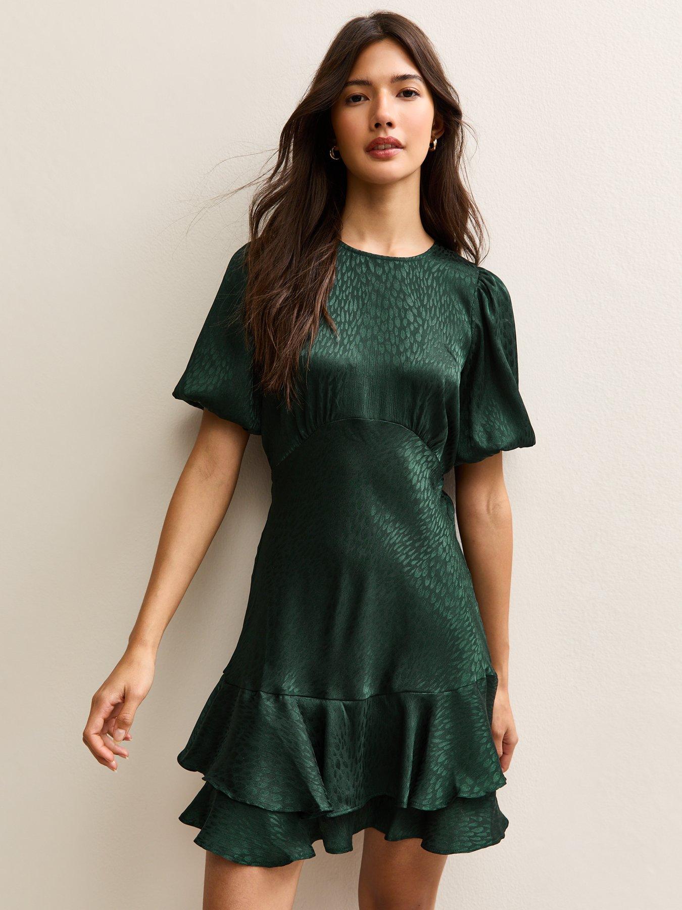 New Look Dark Green Jaquard Feather Pattern Mini Dress