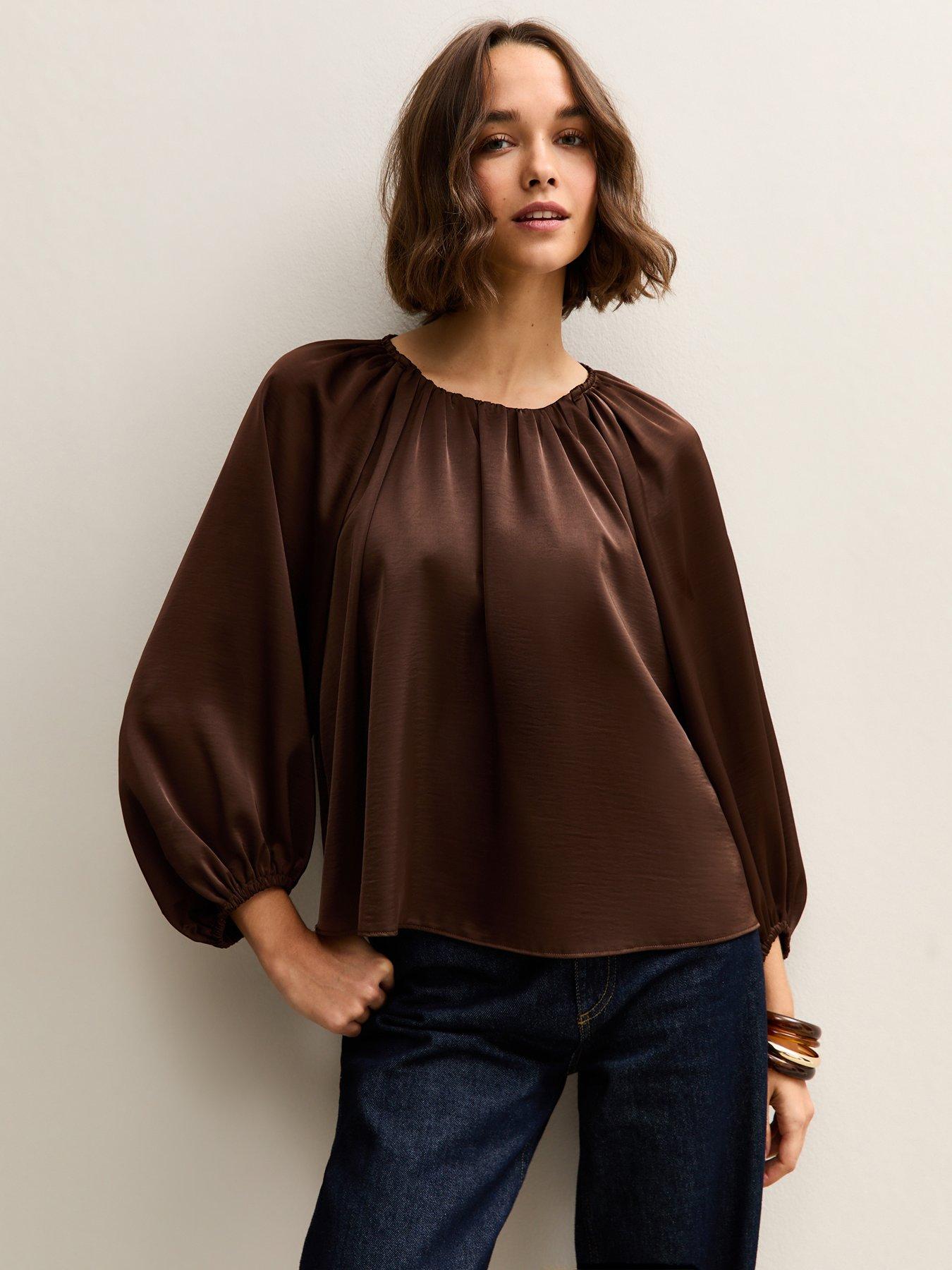 New Look Brown Satin Gathered Crop Sleeve Blouse