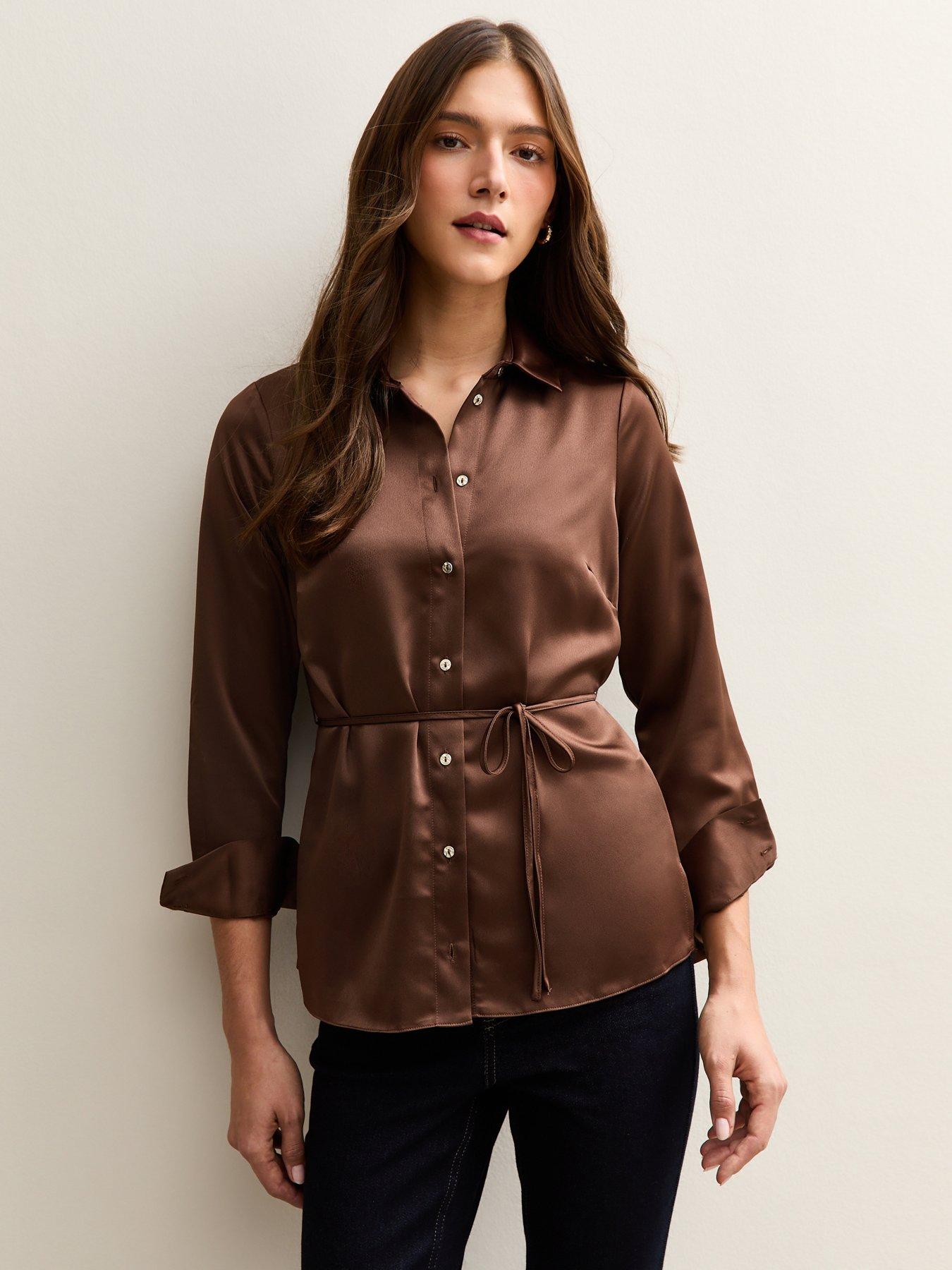 Image 1 of 5 of New Look Mid Brown Soft Touch Satin Belted Shirt
