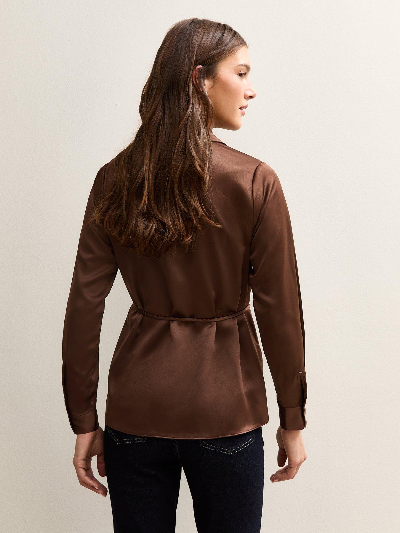Image 2 of 5 of New Look Mid Brown Soft Touch Satin Belted Shirt