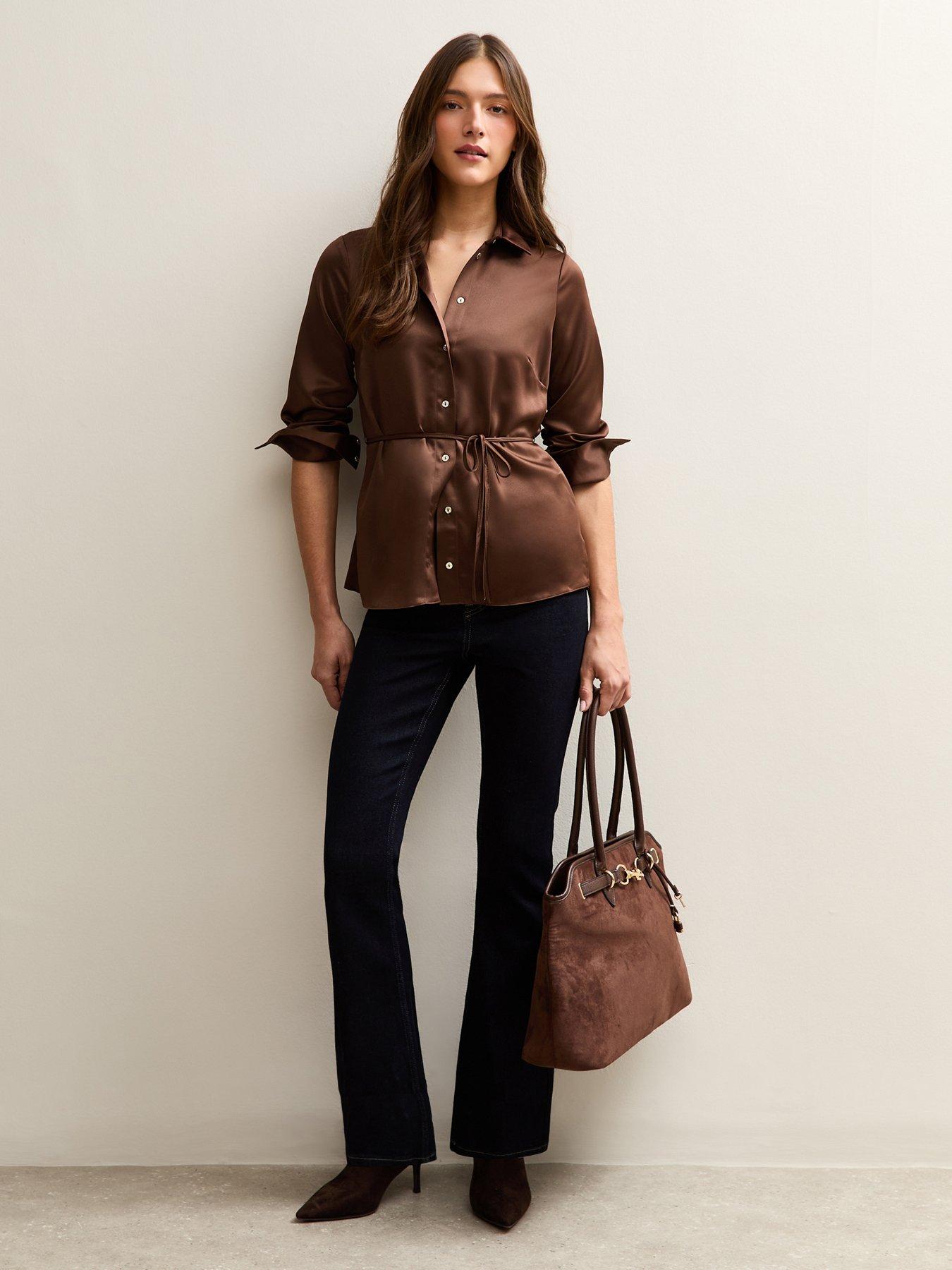 Image 3 of 5 of New Look Mid Brown Soft Touch Satin Belted Shirt