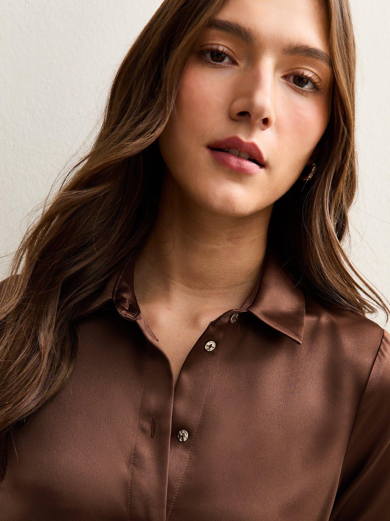 Image 4 of 5 of New Look Mid Brown Soft Touch Satin Belted Shirt
