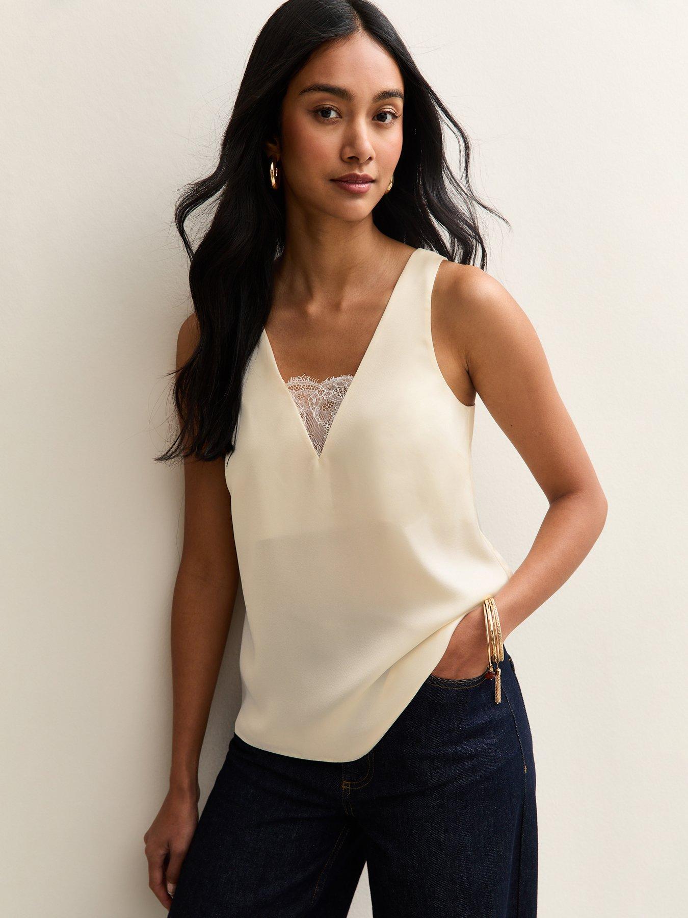 New Look Cream Lace Insert V-neck Top
