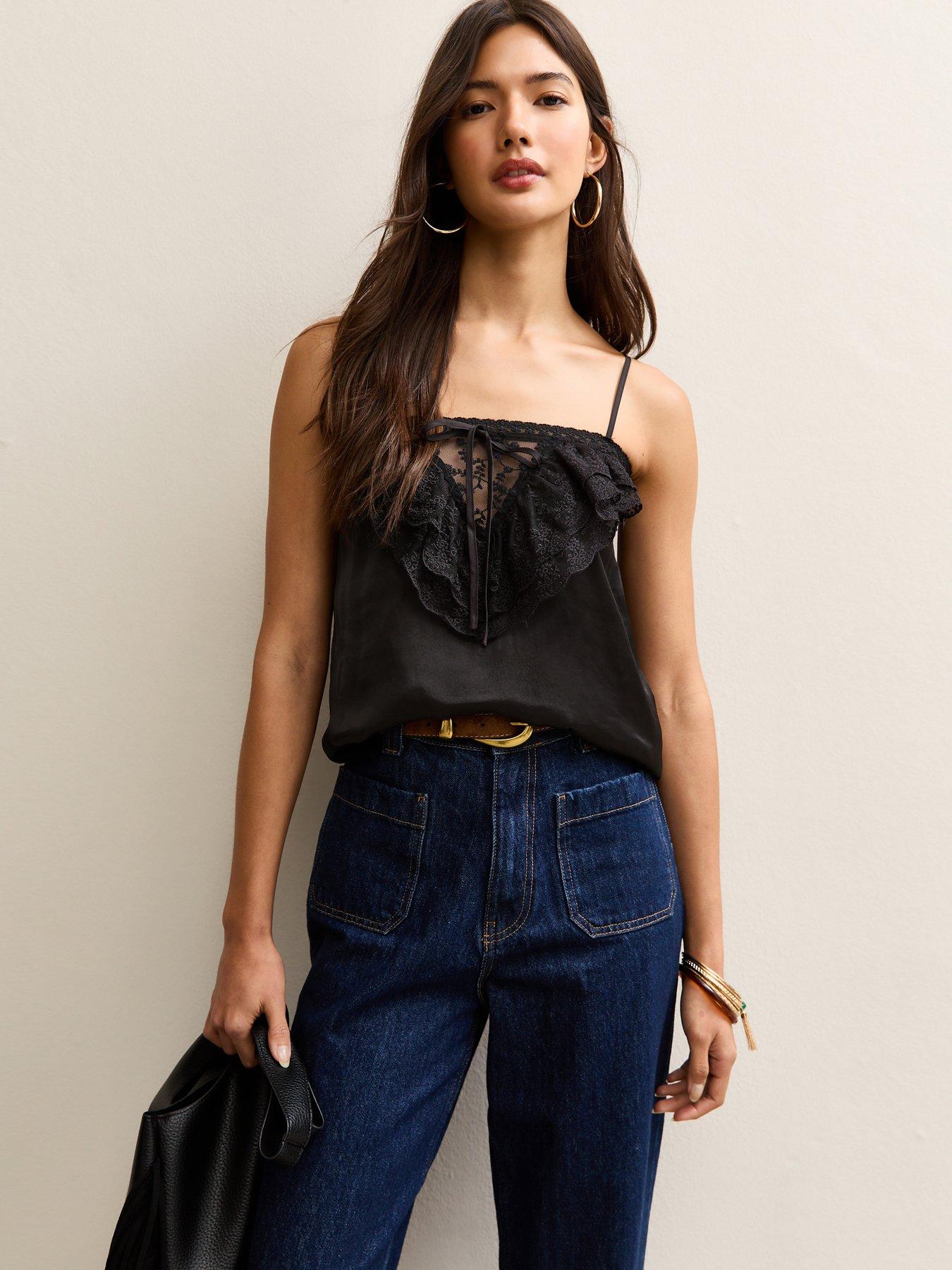 Image 1 of 5 of New Look Lace Frill Cami Top - Black