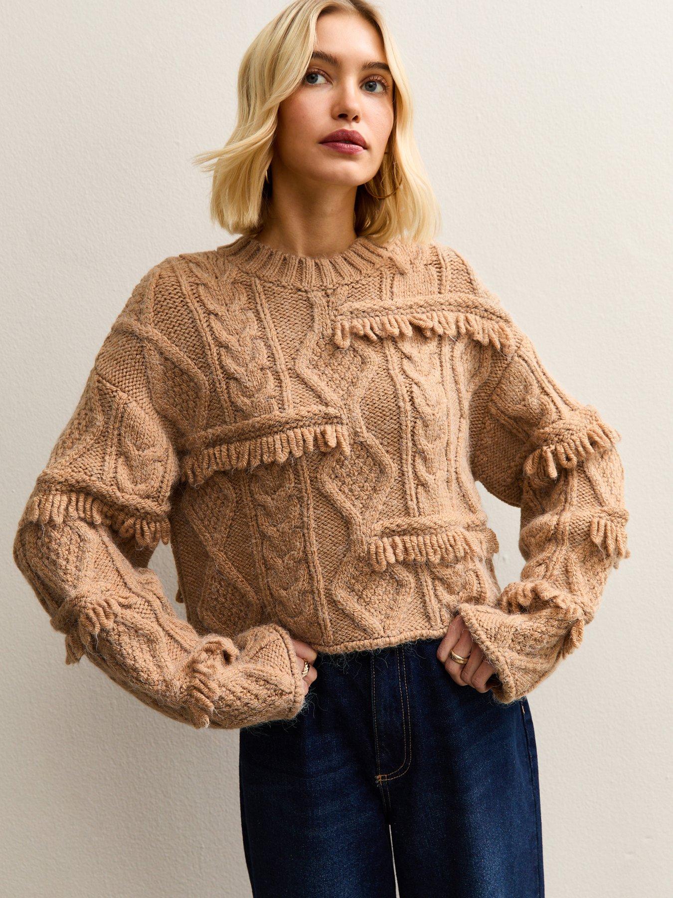 New Look Camel Multi-knit Fringed Jumper