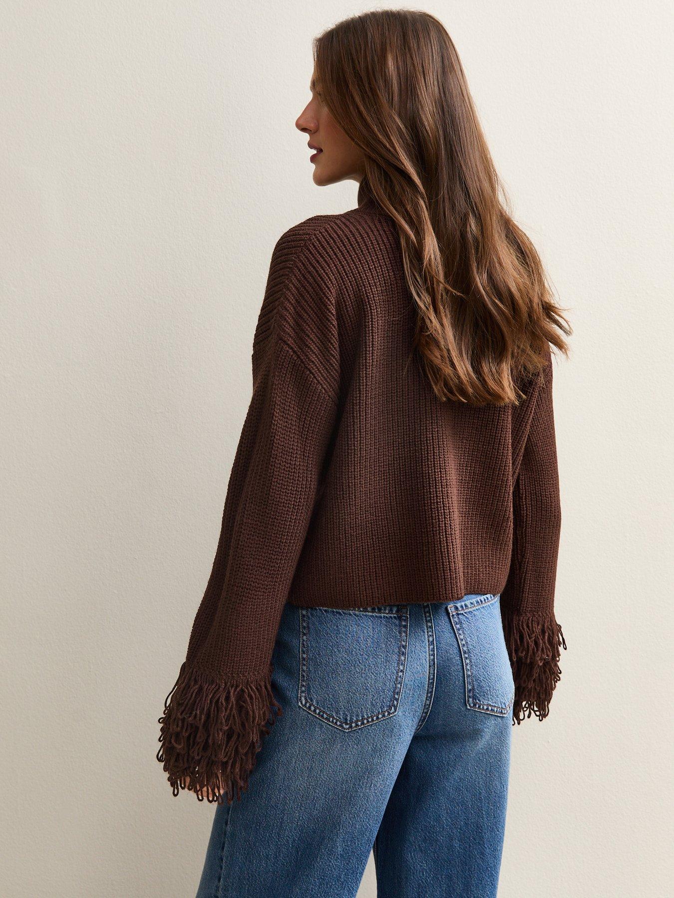Image 2 of 5 of New Look Dark Brown Looped Fringe Cuff Jumper