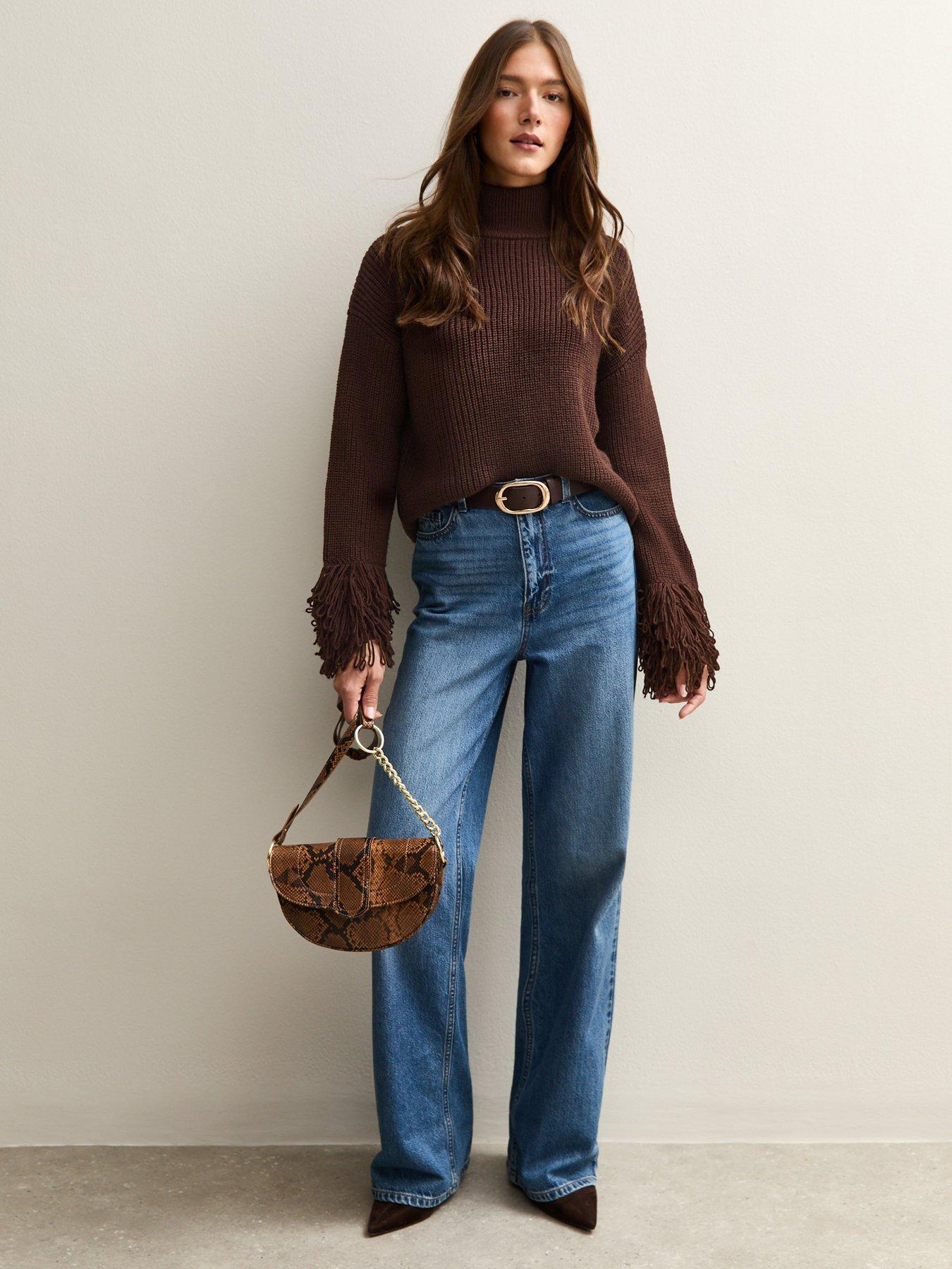 Image 3 of 5 of New Look Dark Brown Looped Fringe Cuff Jumper
