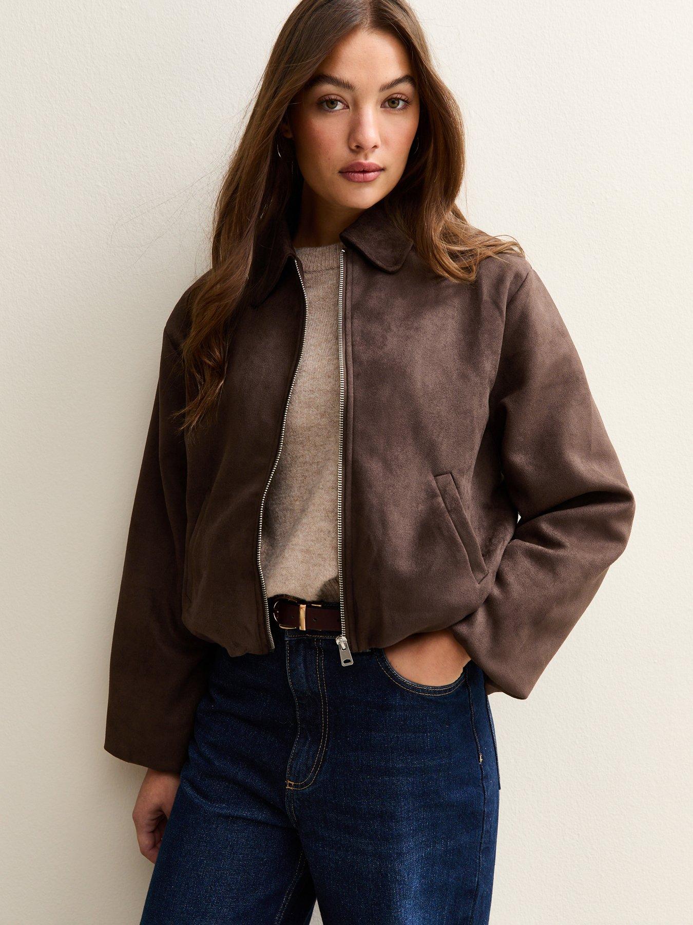 New Look Faux Suede Bubblehem Bomber Jacket - Brown