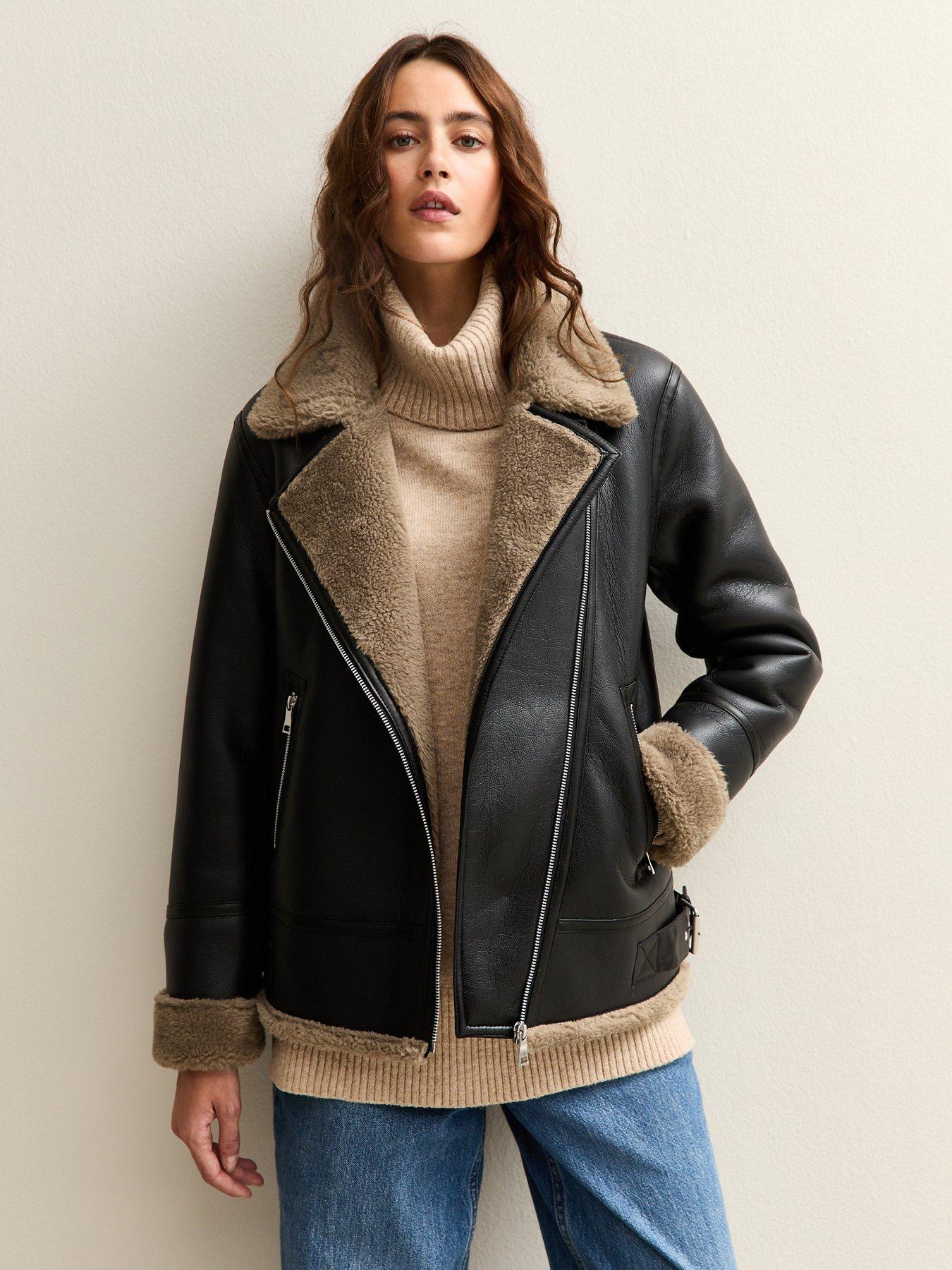 New Look Faux Fur Trim Aviator Jacket - Black