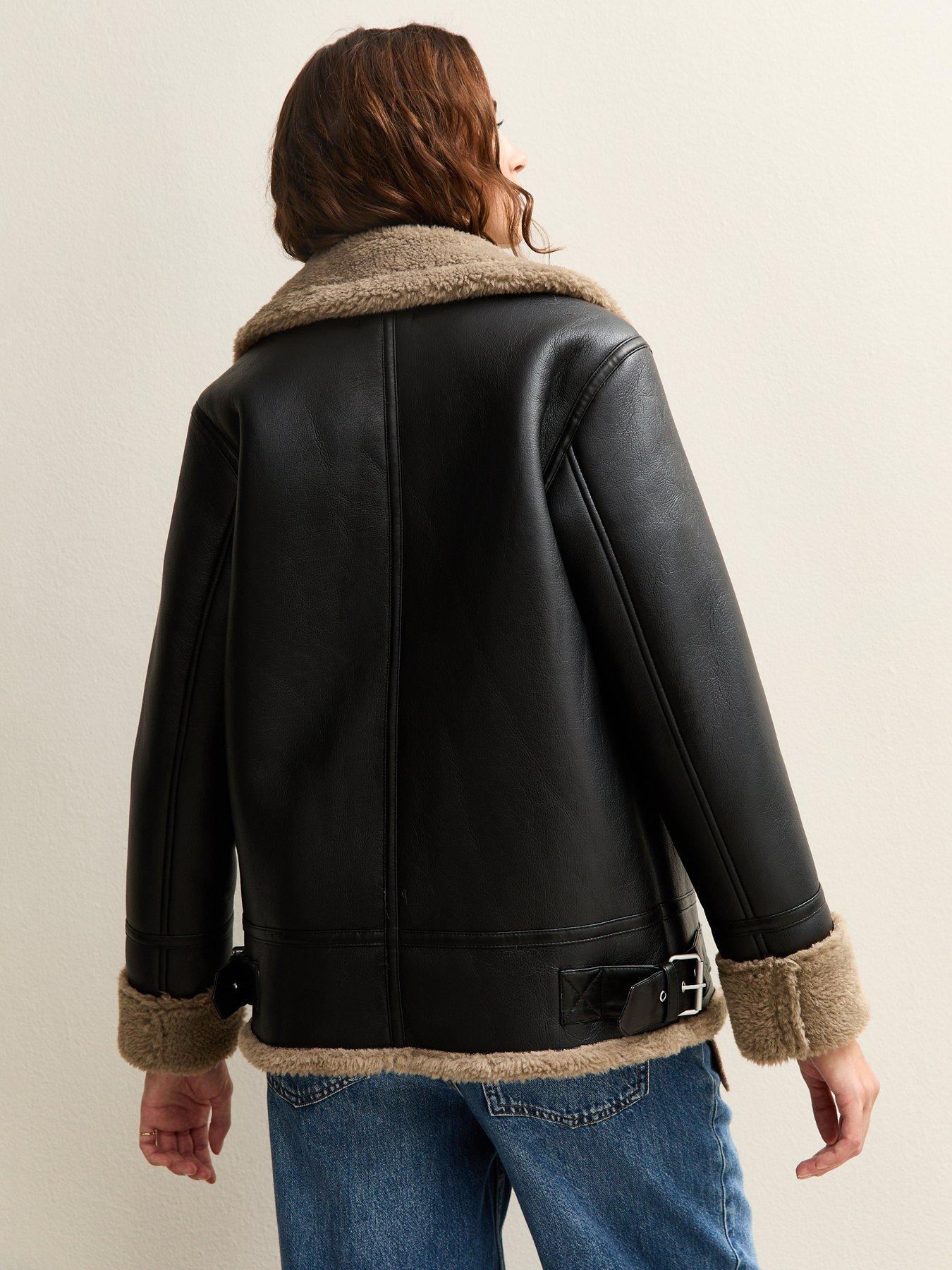Image 2 of 5 of New Look Faux Fur Trim Aviator Jacket - Black
