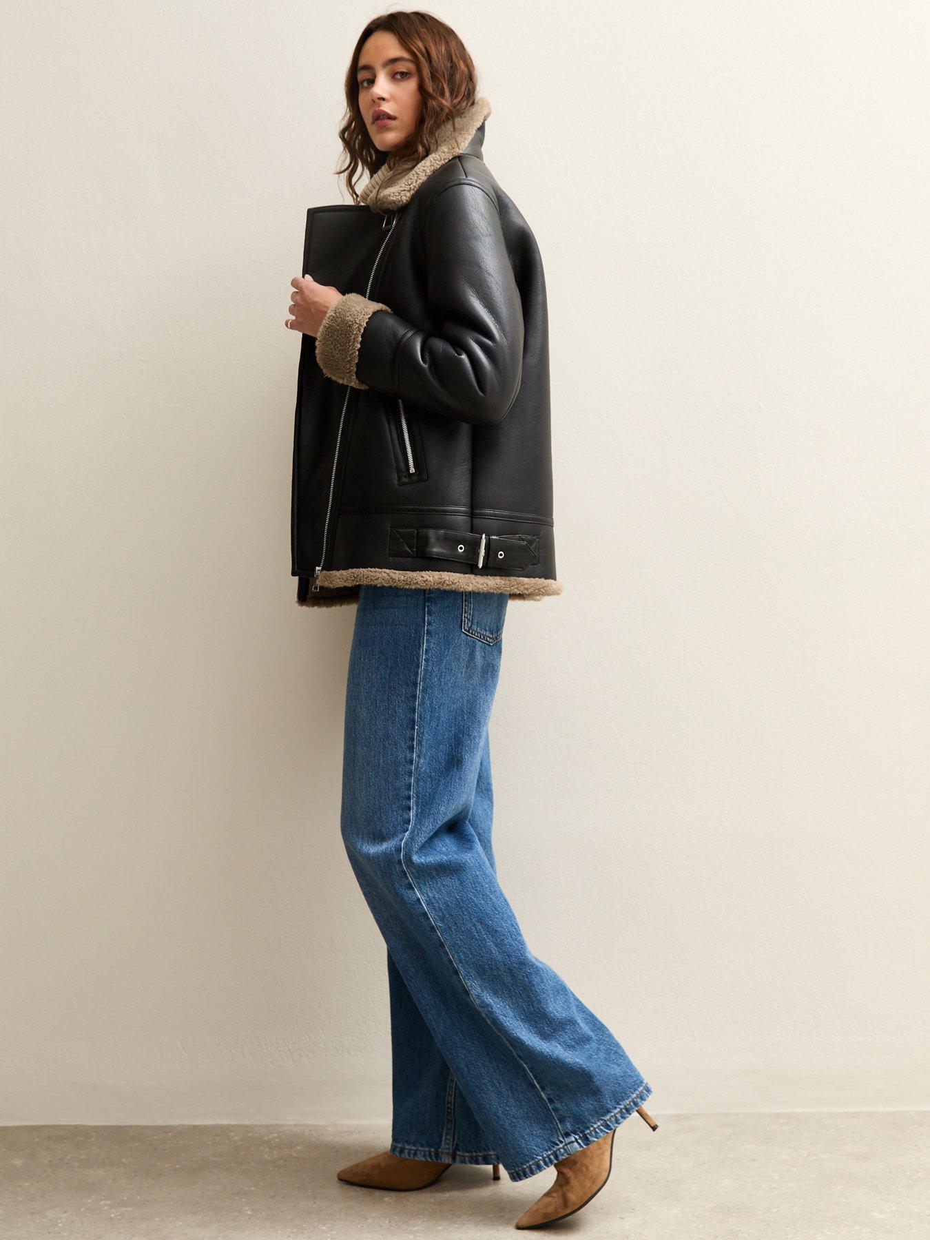 Image 3 of 5 of New Look Faux Fur Trim Aviator Jacket - Black