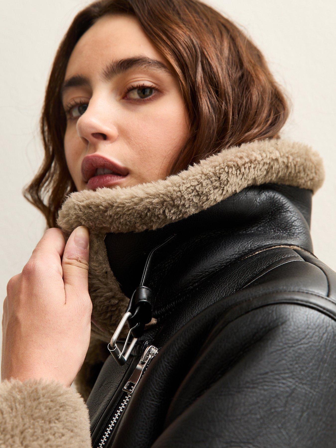 Image 4 of 5 of New Look Faux Fur Trim Aviator Jacket - Black