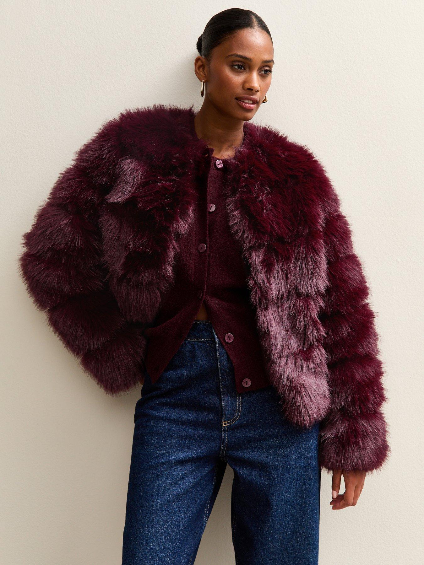 New Look Panelled Faux Fur Jacket - Burgundy