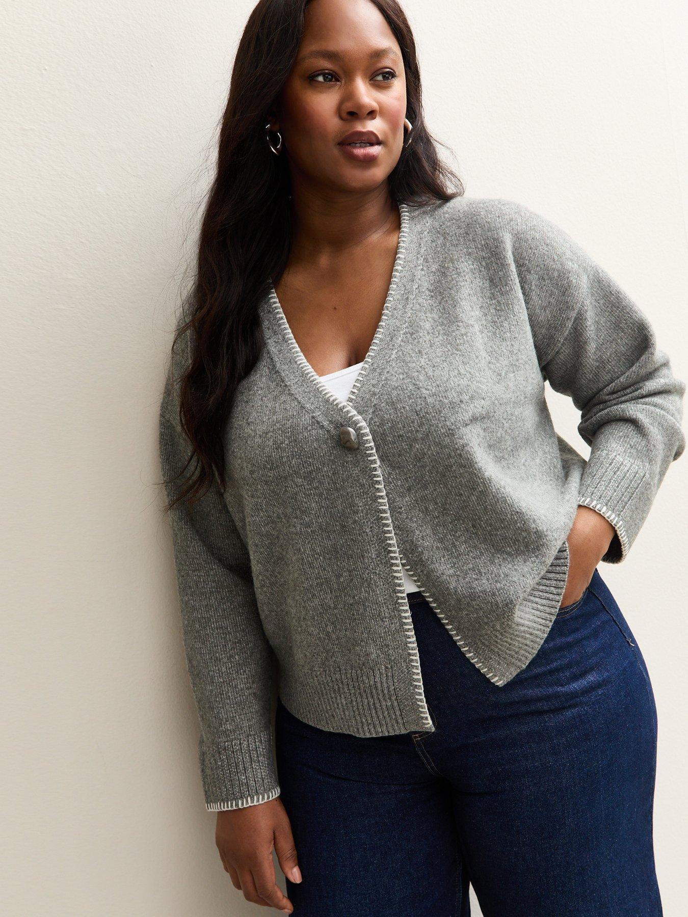 New Look Curves Mid Grey Blanket Stitch V-neck Cardigan