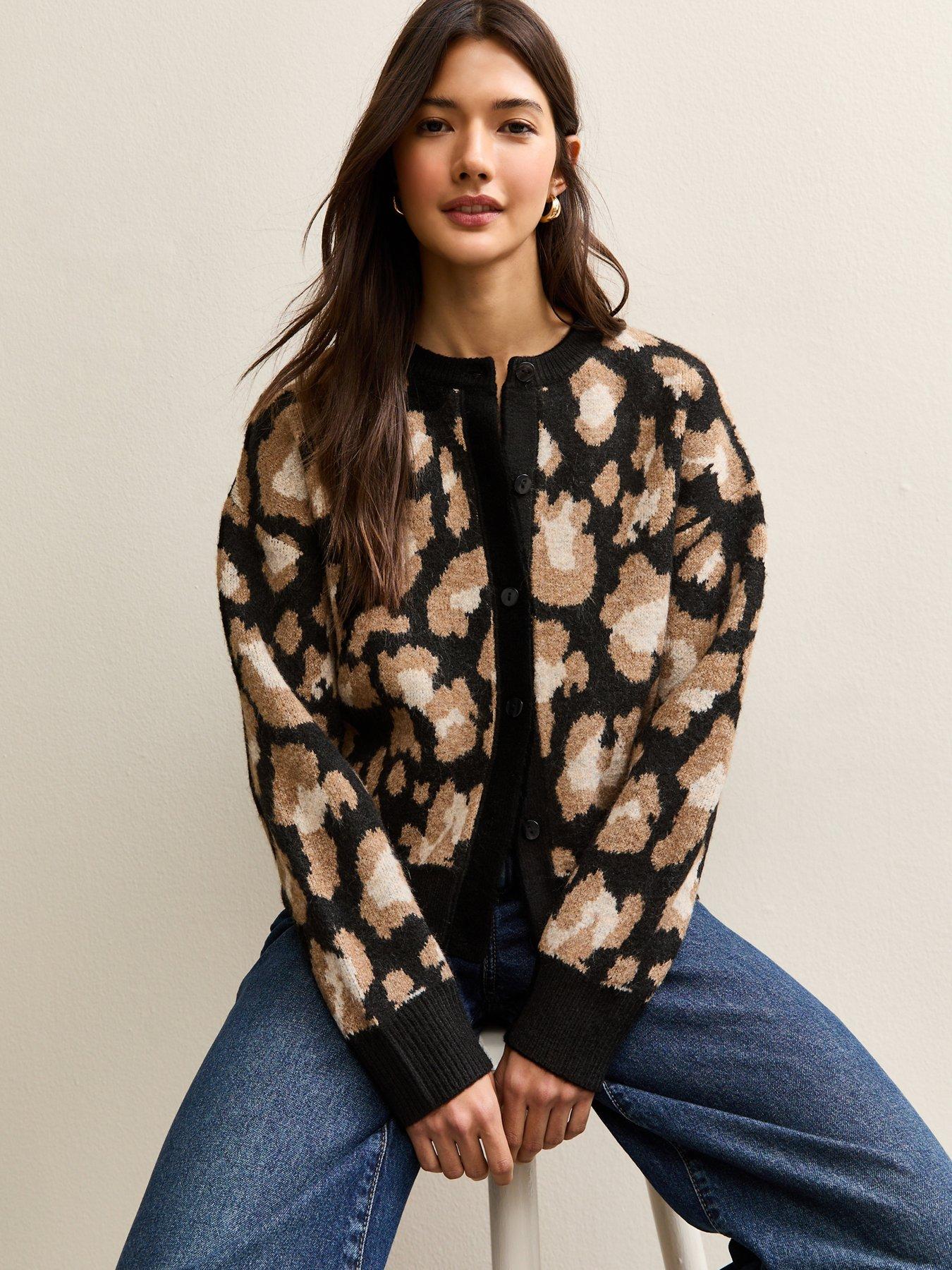 Image 1 of 6 of New Look Leopard Print Crew Neck Cardigan - Black