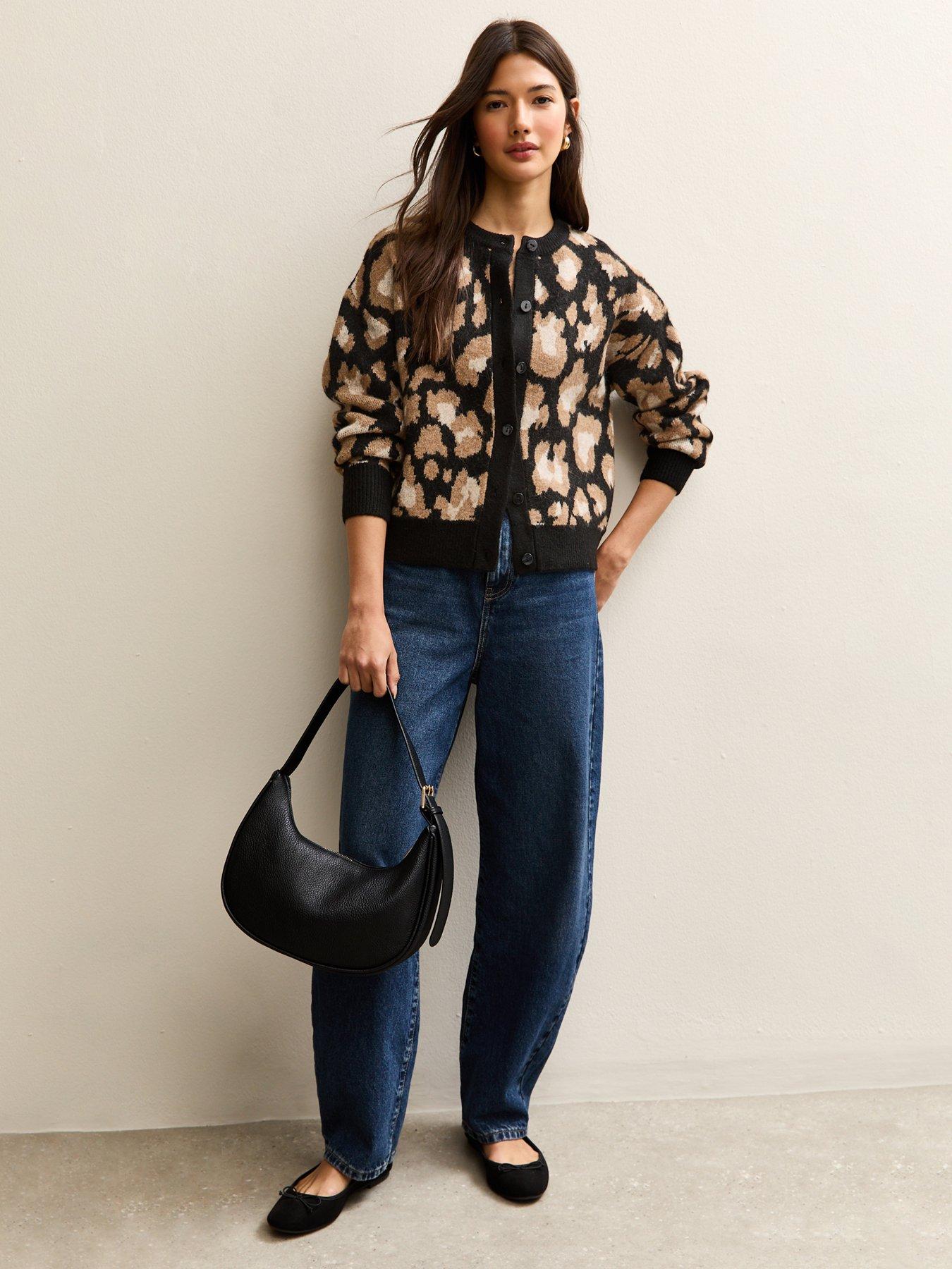 Image 3 of 6 of New Look Leopard Print Crew Neck Cardigan - Black