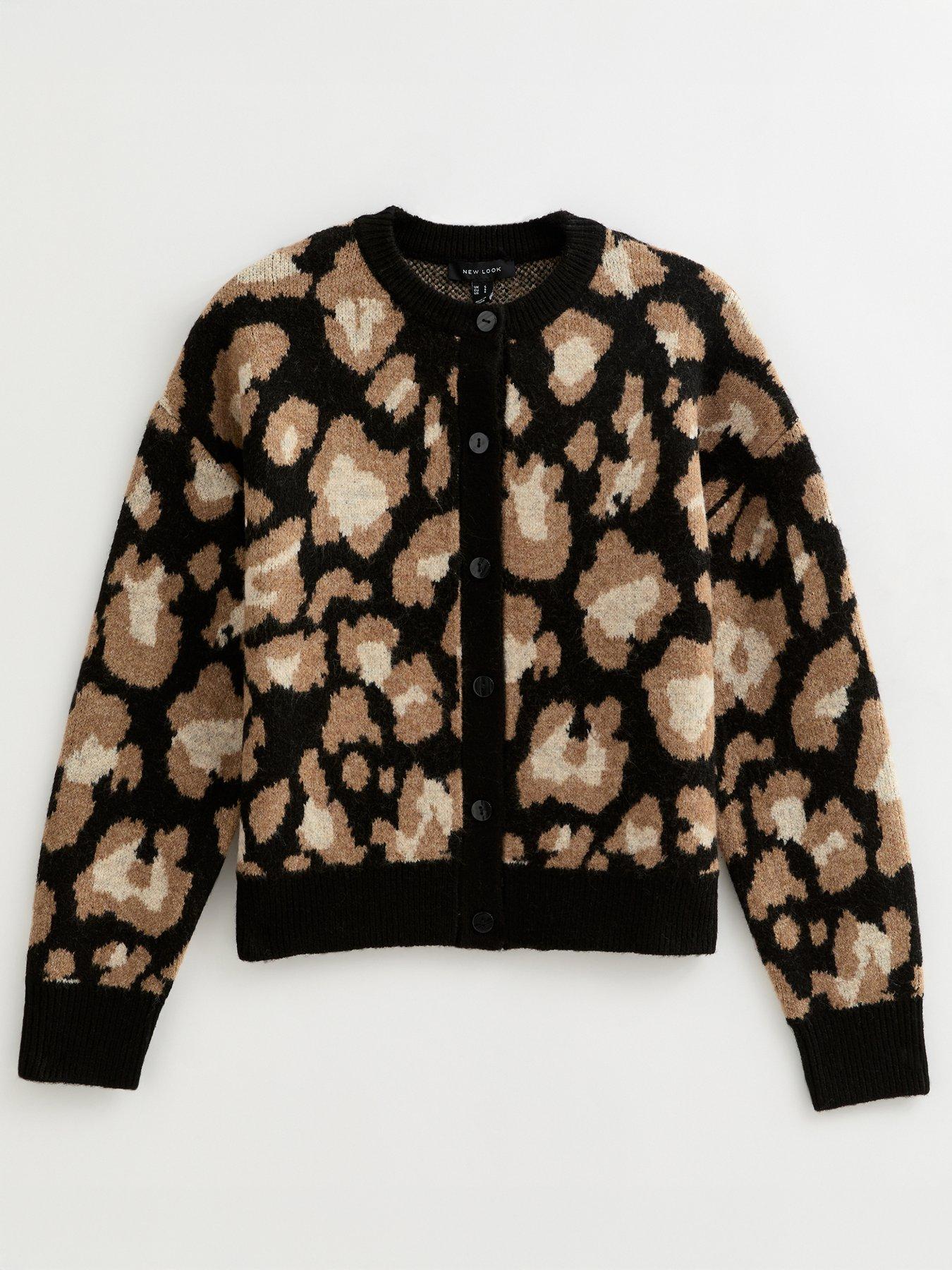 Image 5 of 6 of New Look Leopard Print Crew Neck Cardigan - Black