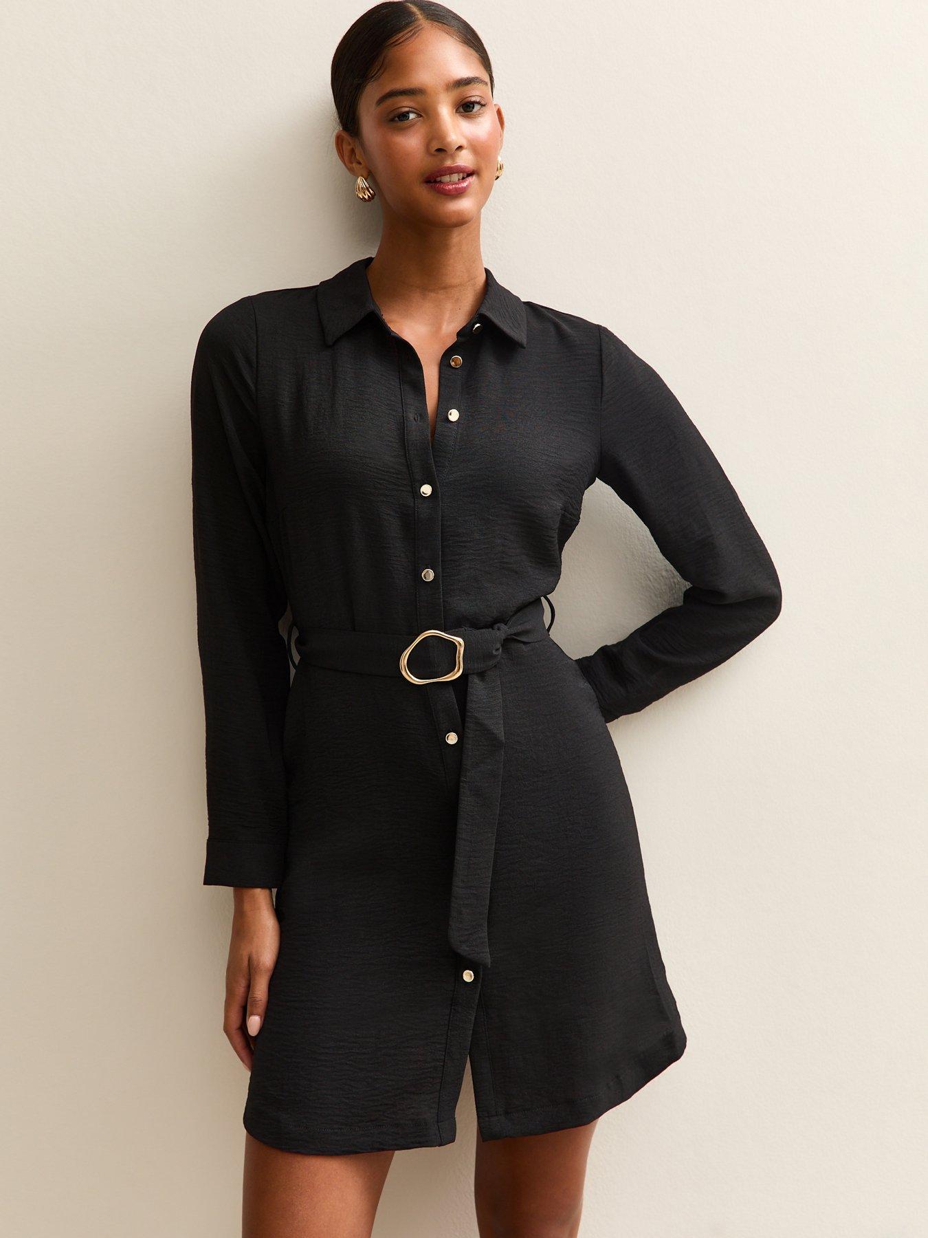 New Look Belted Button Through Mini Shirt Dress - Black