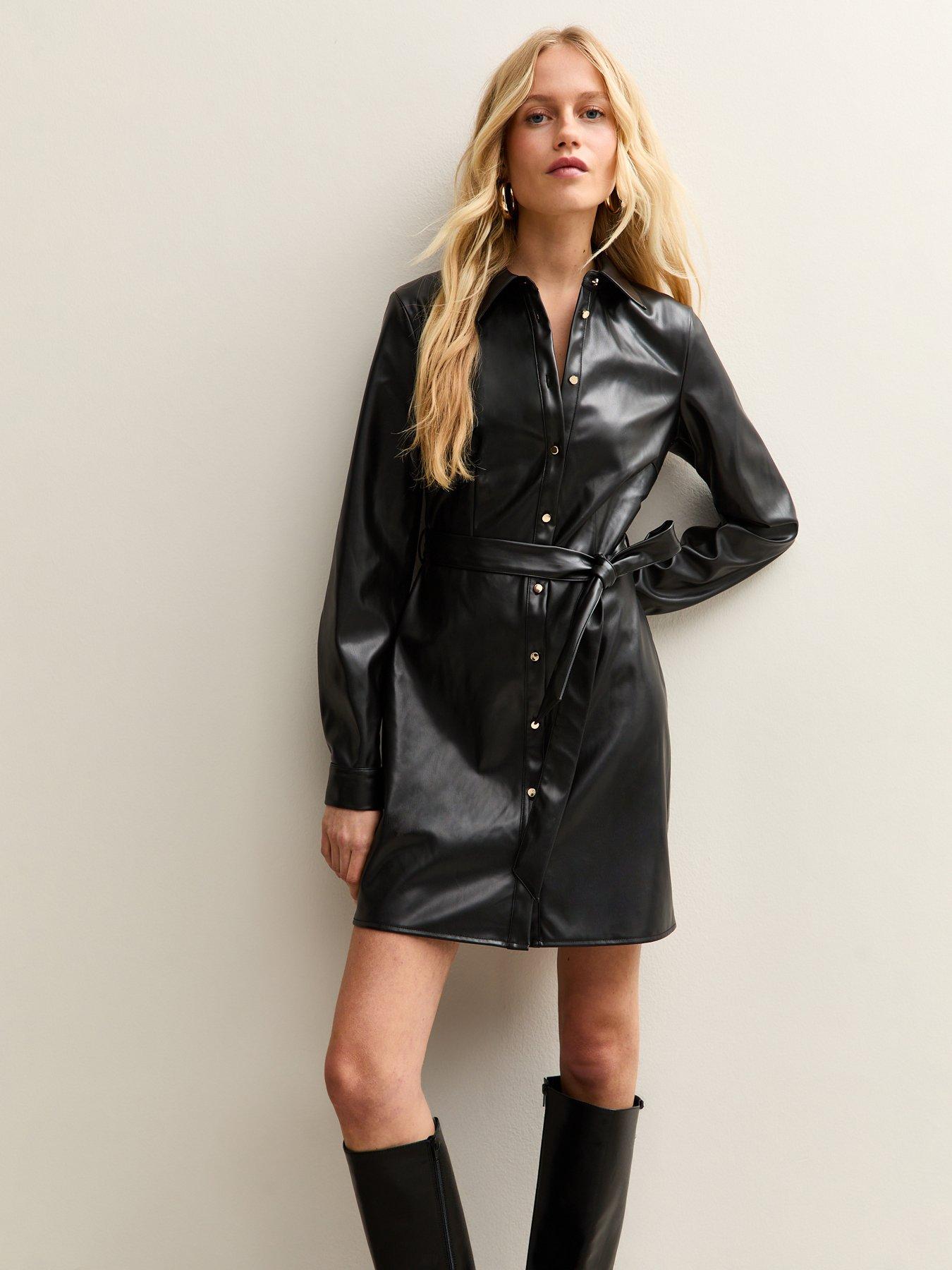 New Look Black Faux Leather Short Sleeve Midi Shirt Dress