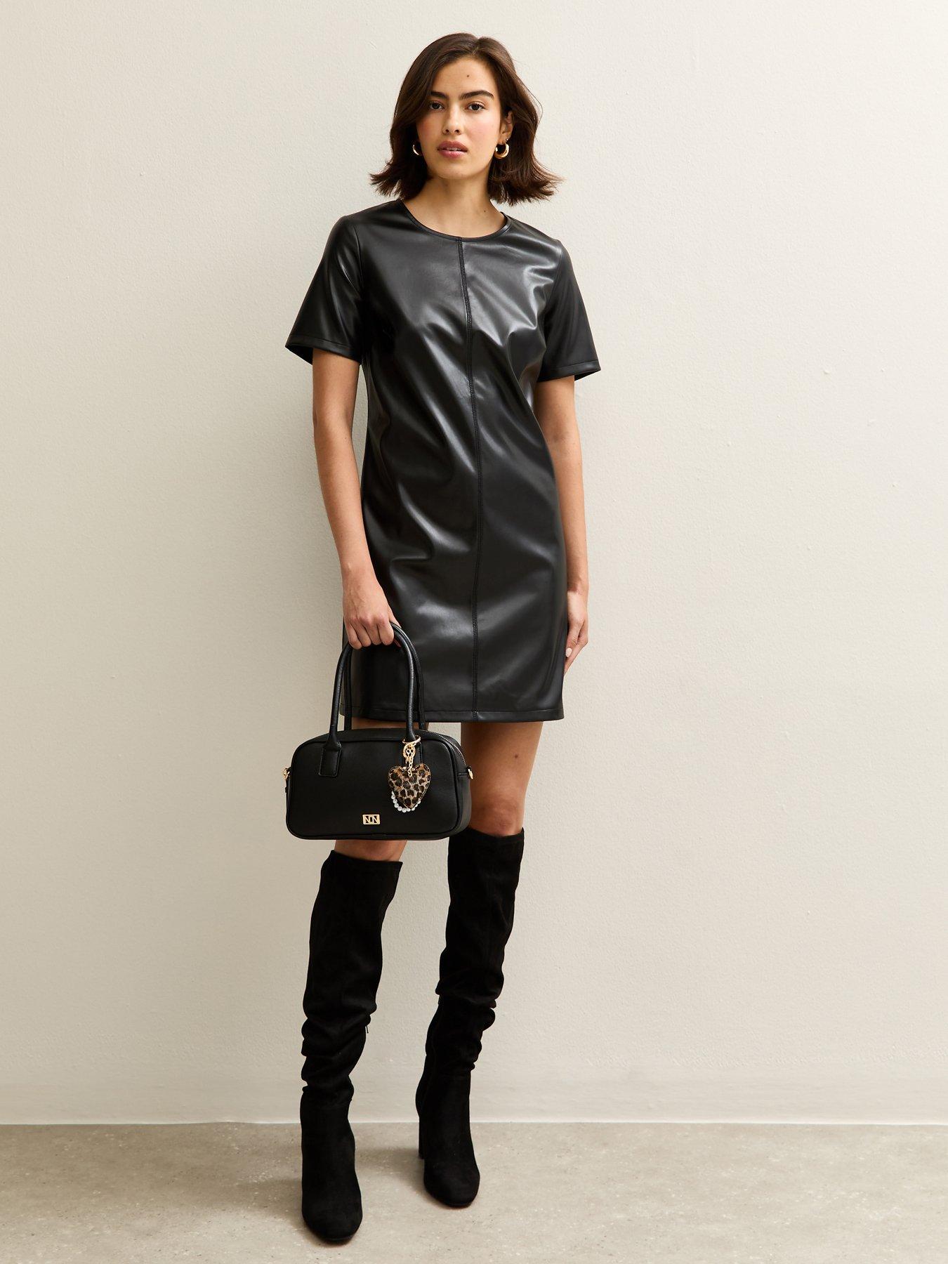 Image 1 of 5 of New Look Black Faux Leather Short Sleeve Mini Dress