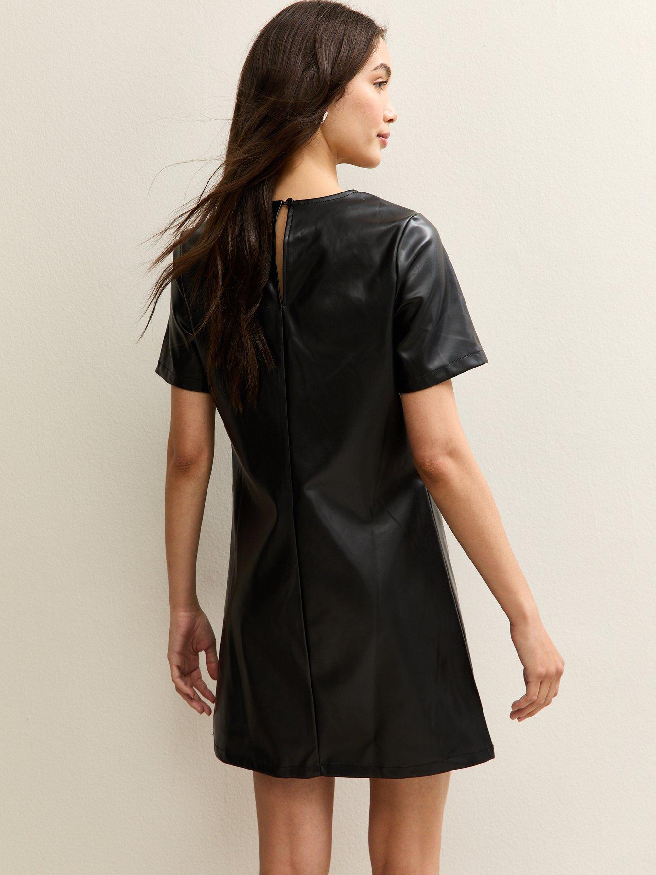 Image 2 of 5 of New Look Black Faux Leather Short Sleeve Mini Dress