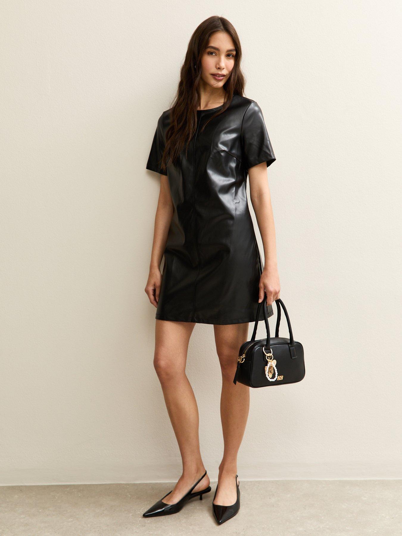Image 3 of 5 of New Look Black Faux Leather Short Sleeve Mini Dress