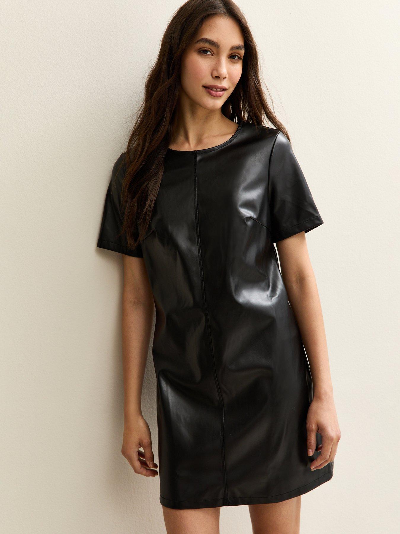Image 4 of 5 of New Look Black Faux Leather Short Sleeve Mini Dress