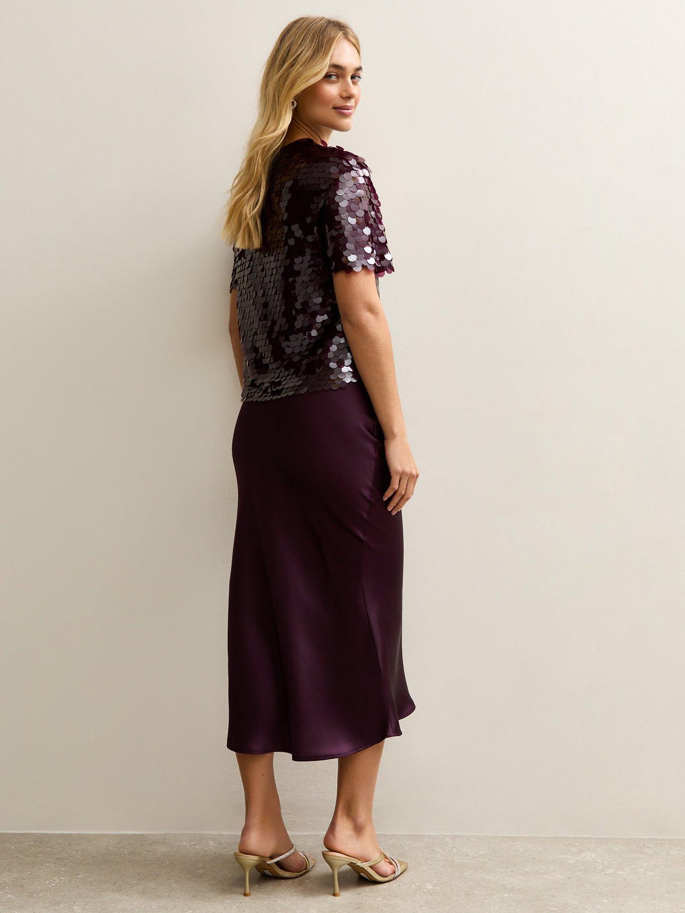 Image 2 of 5 of New Look Dark Burgundy Satin Bias Cut Midi Skirt
