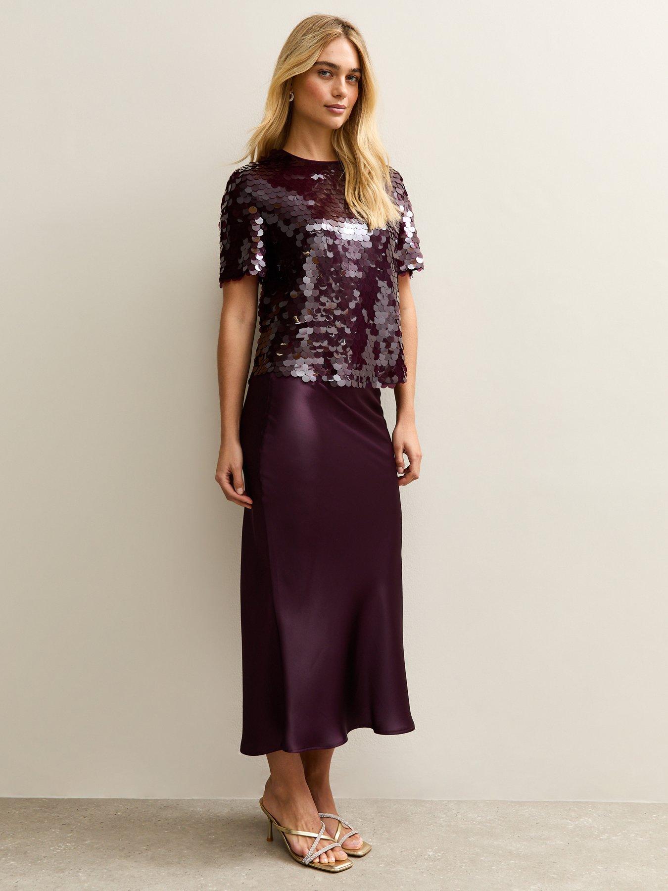 Image 3 of 5 of New Look Dark Burgundy Satin Bias Cut Midi Skirt