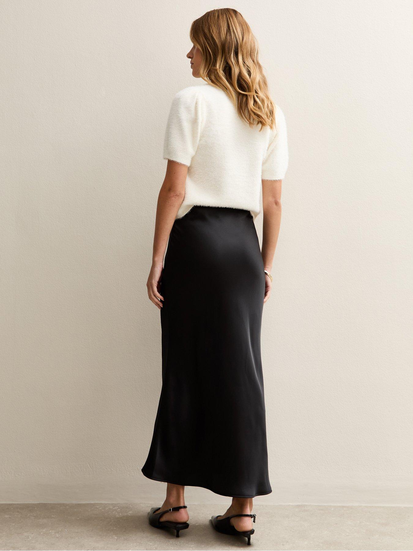 Image 2 of 2 of New Look Black Satin Bias Cut Midi Skirt