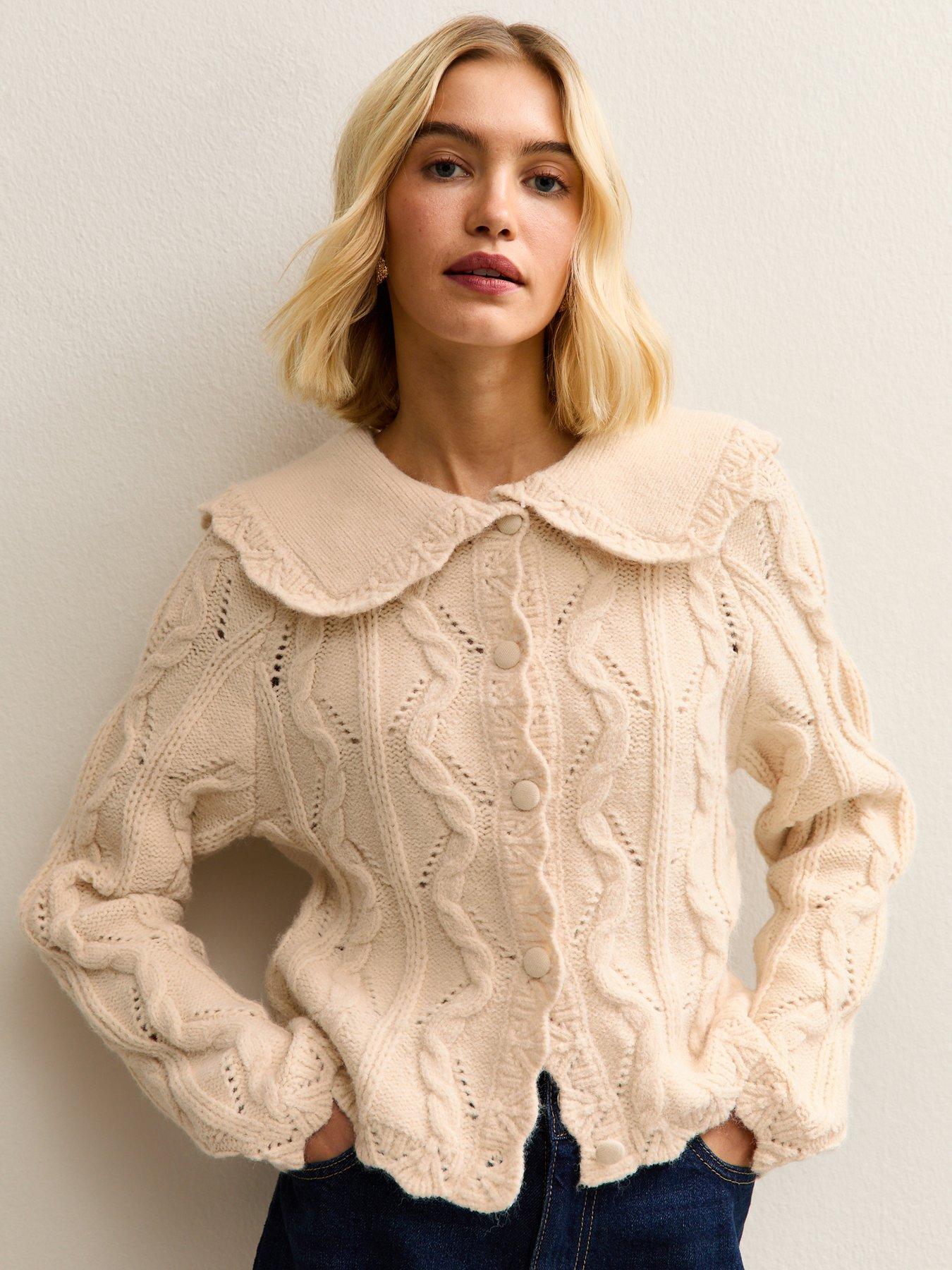 New Look Cable Knit Collared Cardigan - Cream