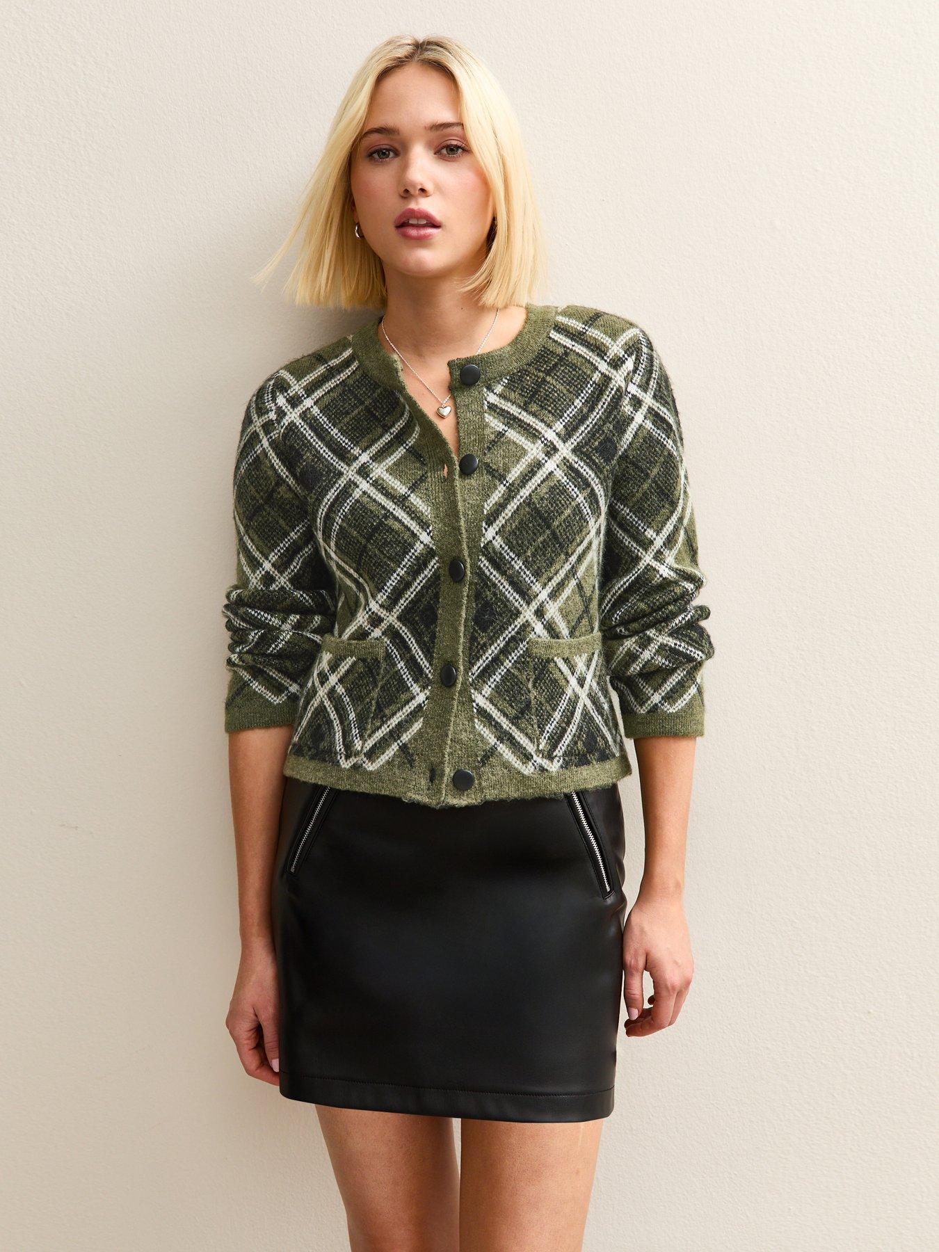New Look Diagonal Check Double Pocket Cardigan - Green
