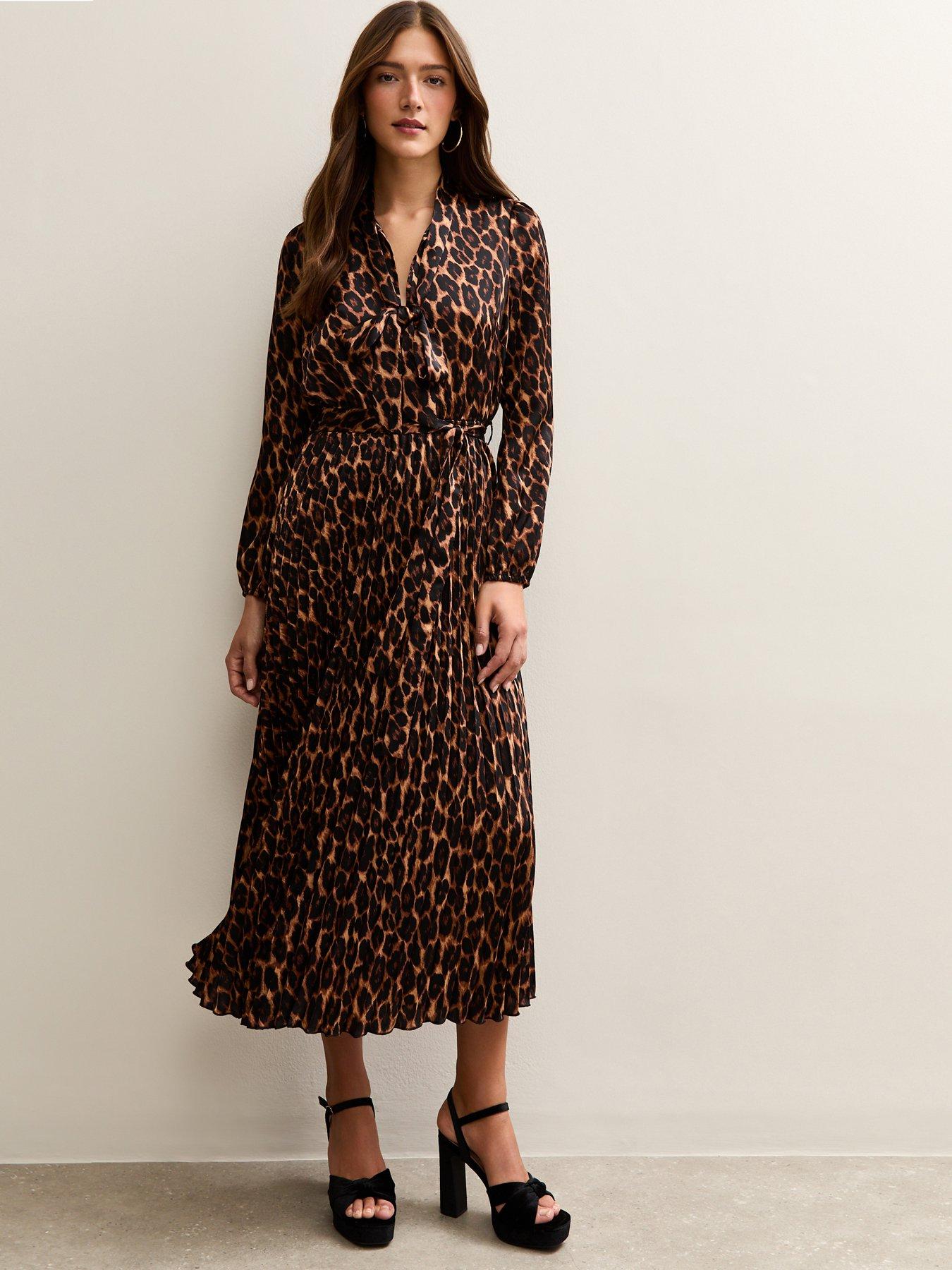 New Look Dark Brown Animal Print Pleated Long Sleeve Midi Dress