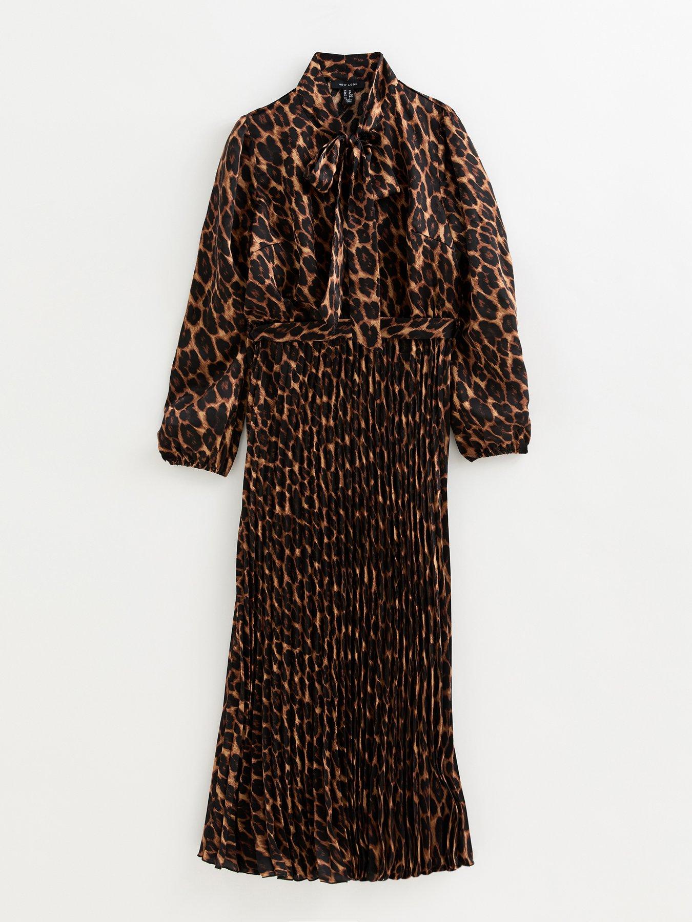 New Look Dark Brown Animal Print Pleated Long Sleeve Midi Dress | Very